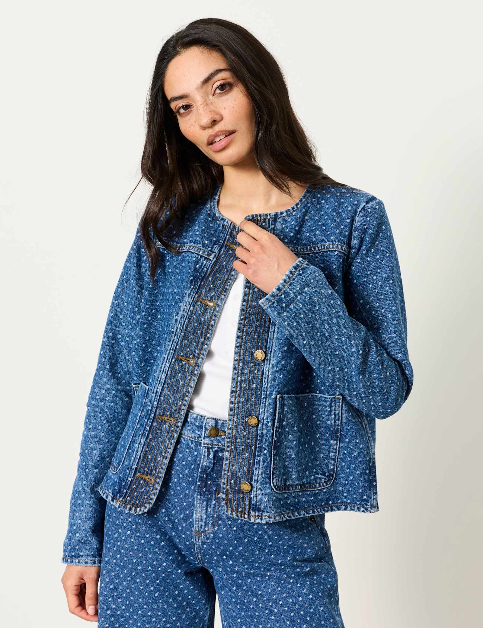 Denim Polka Dot Collarless Jacket - image 1