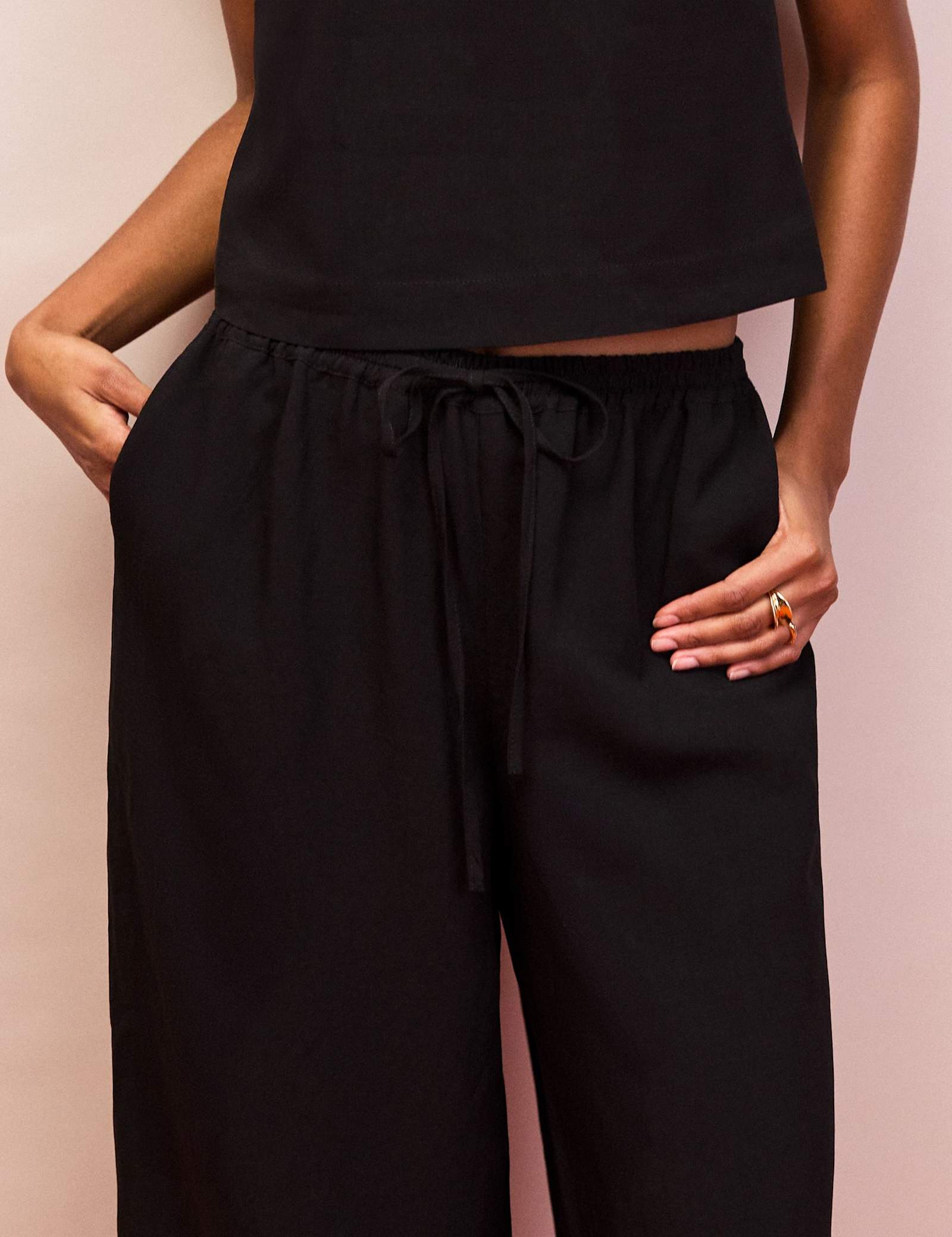 Drawstring Wide Leg Trousers with Linen - image 3