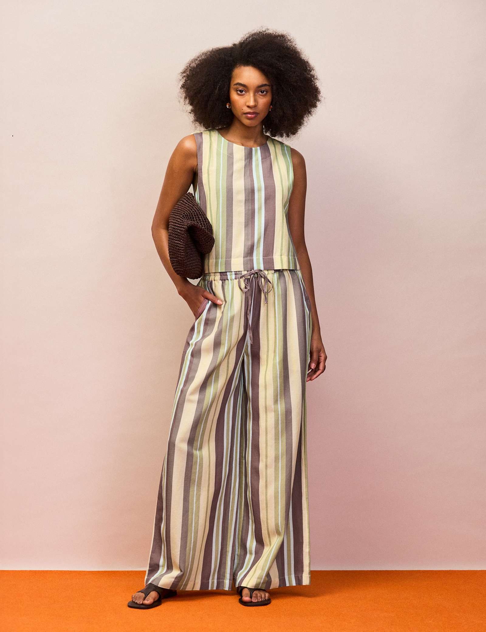 Cotton Blend Striped Wide Leg Trousers - image 1