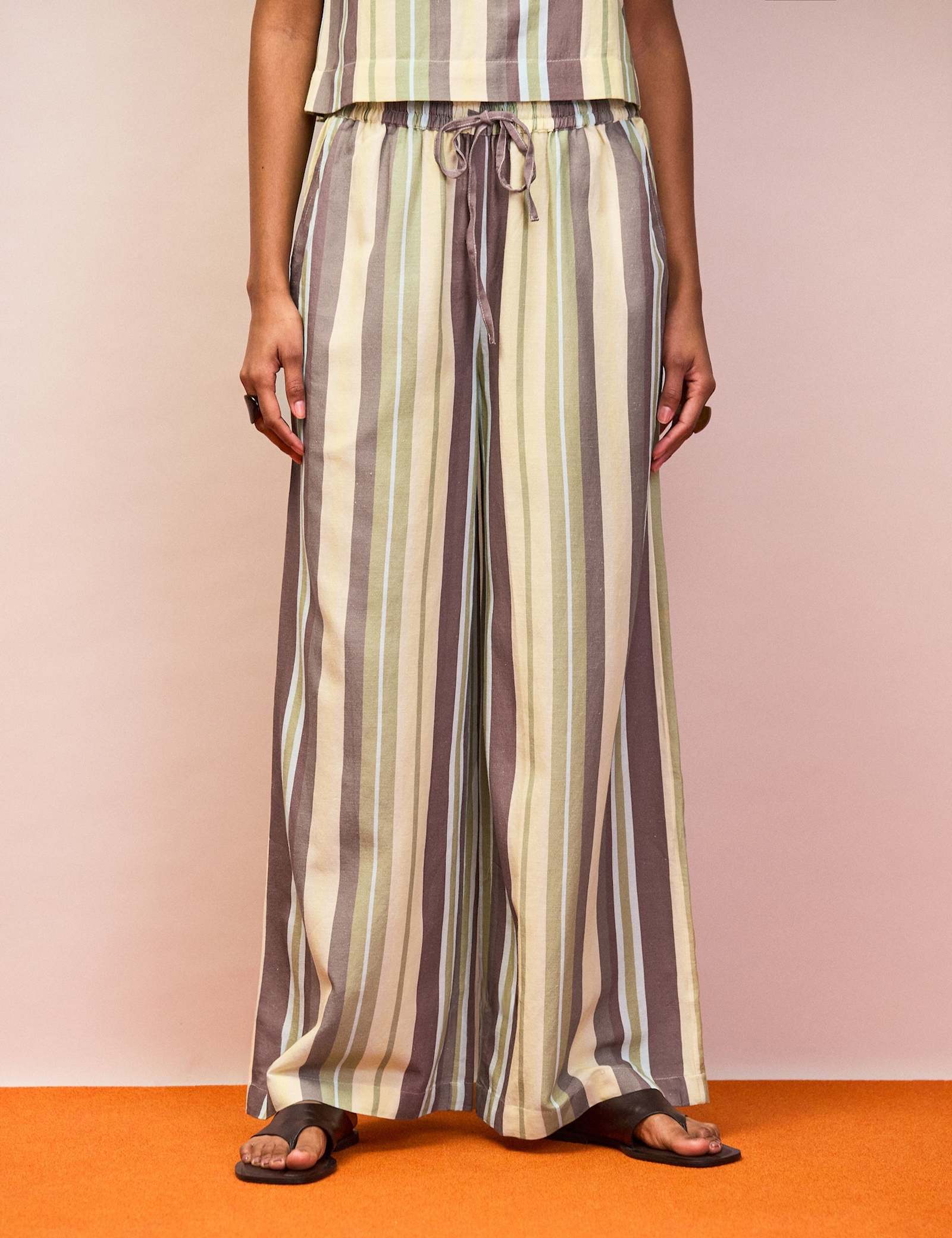 Cotton Blend Striped Wide Leg Trousers - image 4