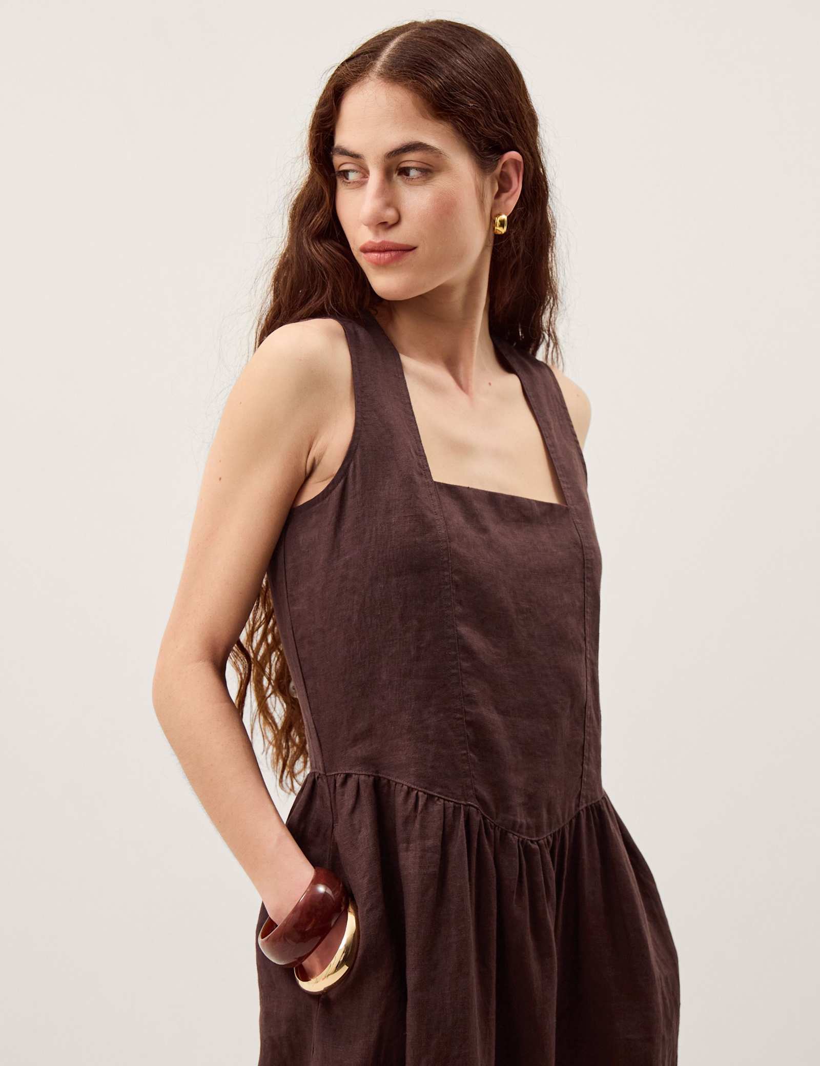 Pure Linen Square Neck Midi Waisted Dress - image 5
