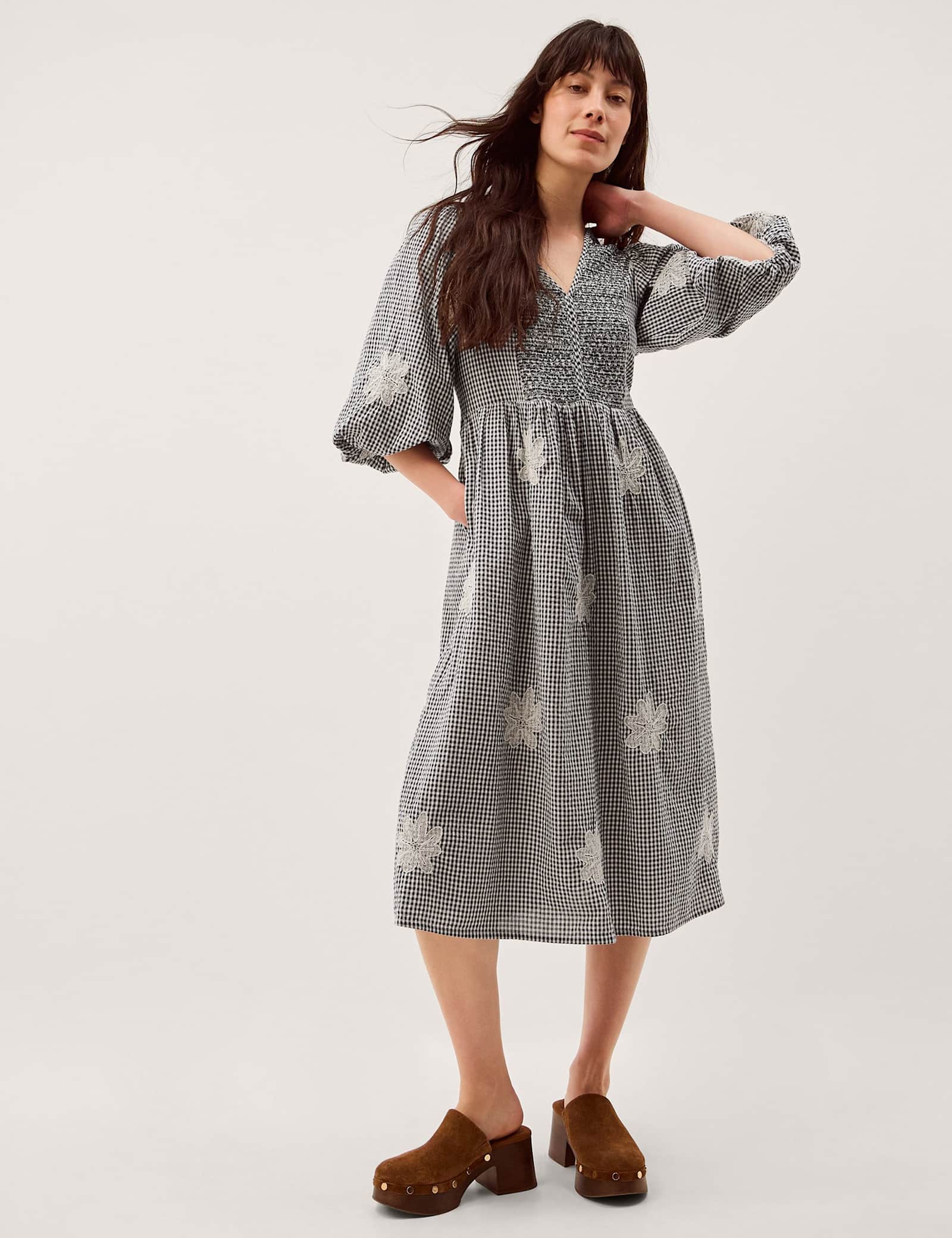 Pure Cotton Gingham V-Neck Midi Smock Dress - image 2