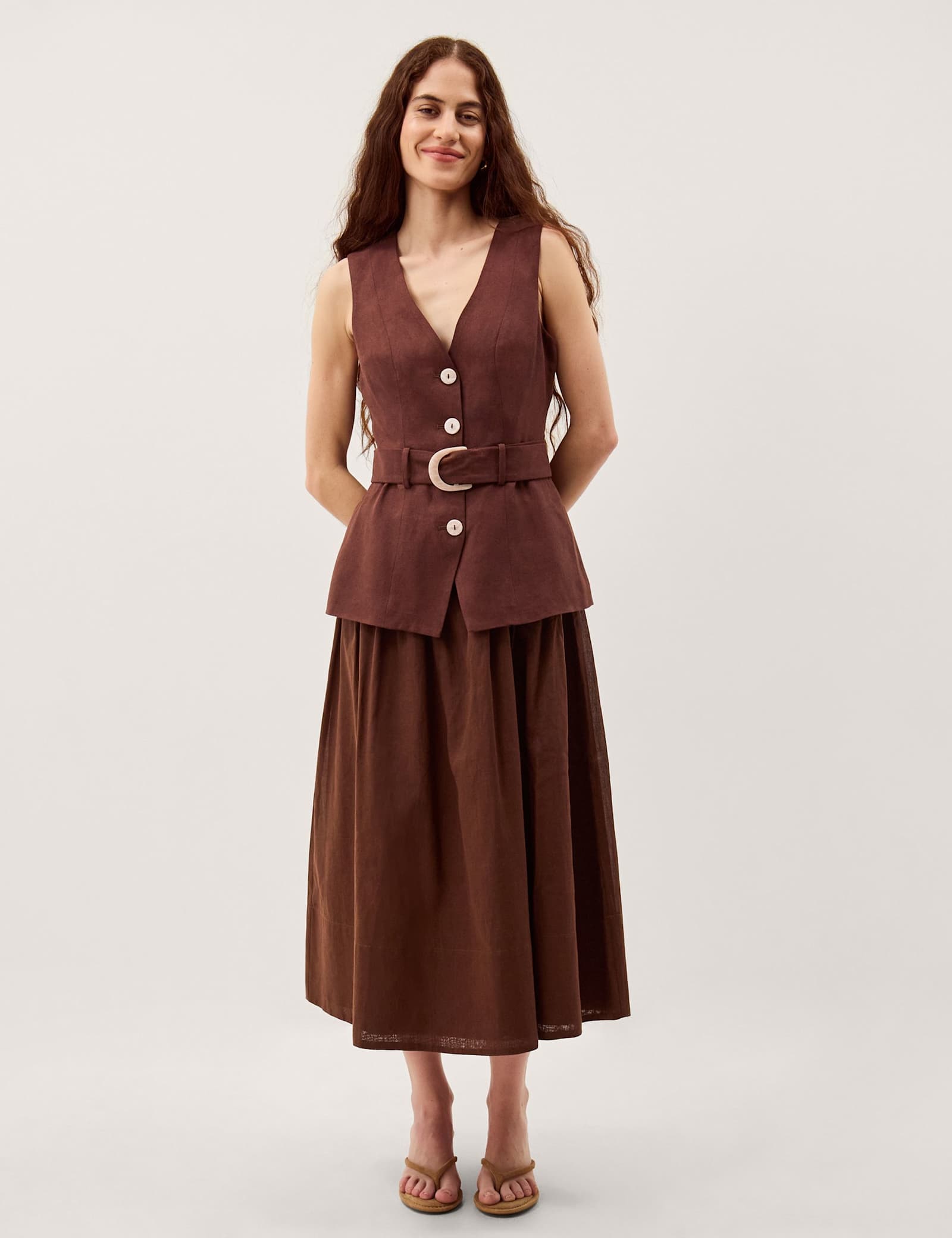 Linen Blend V-Neck Midi Waisted Dress - image 1