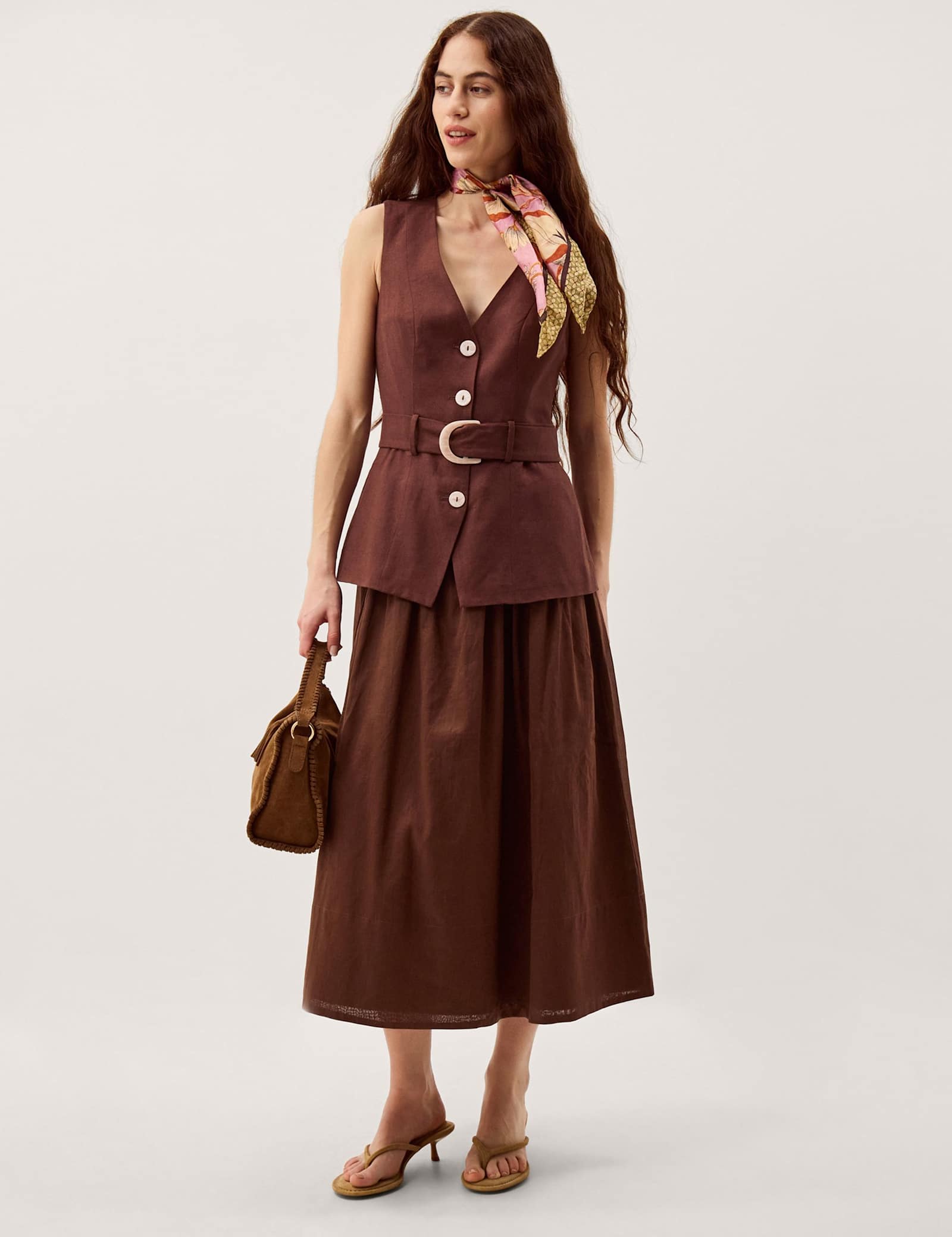 Linen Blend V-Neck Midi Waisted Dress - image 4