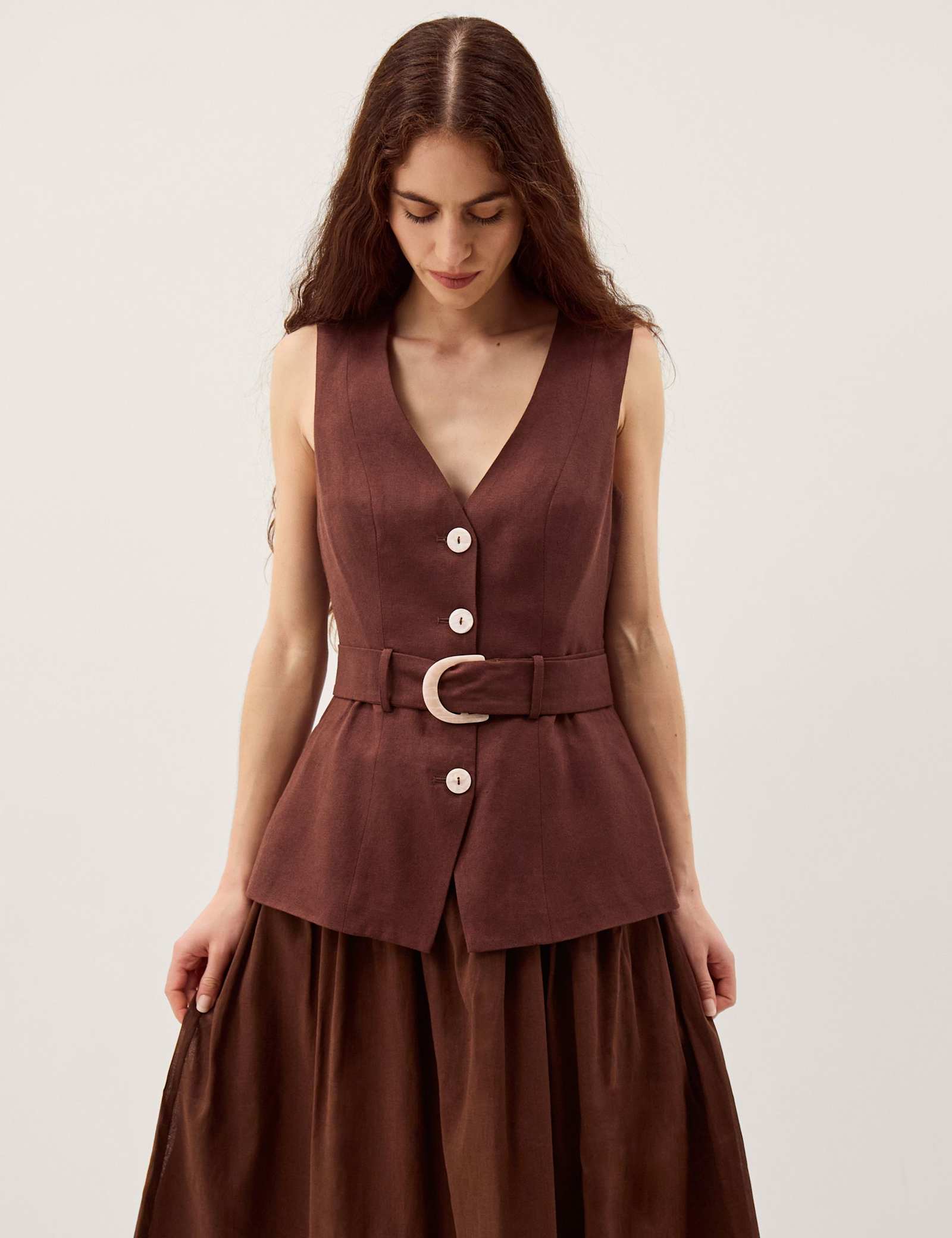 Linen Blend V-Neck Midi Waisted Dress - image 3