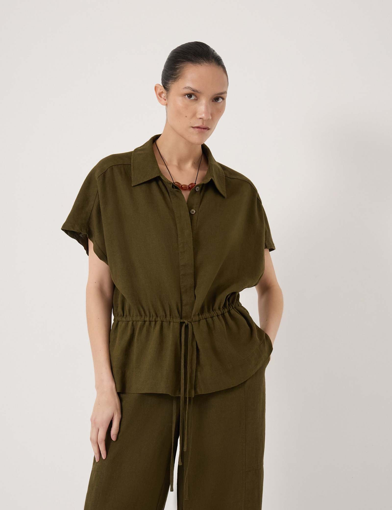 Linen Blend Short Sleeve Waisted Shirt - image 2