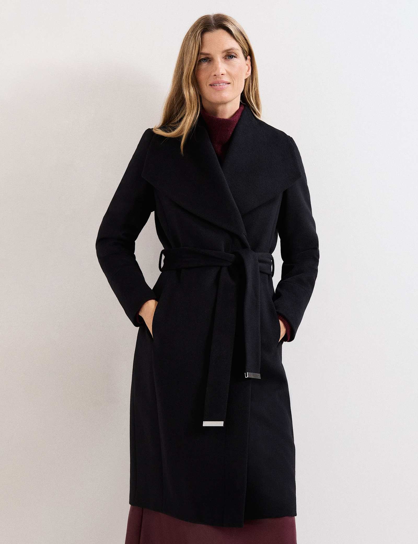 Wool Rich Belted Collared Longline Wrap Coat - image 4