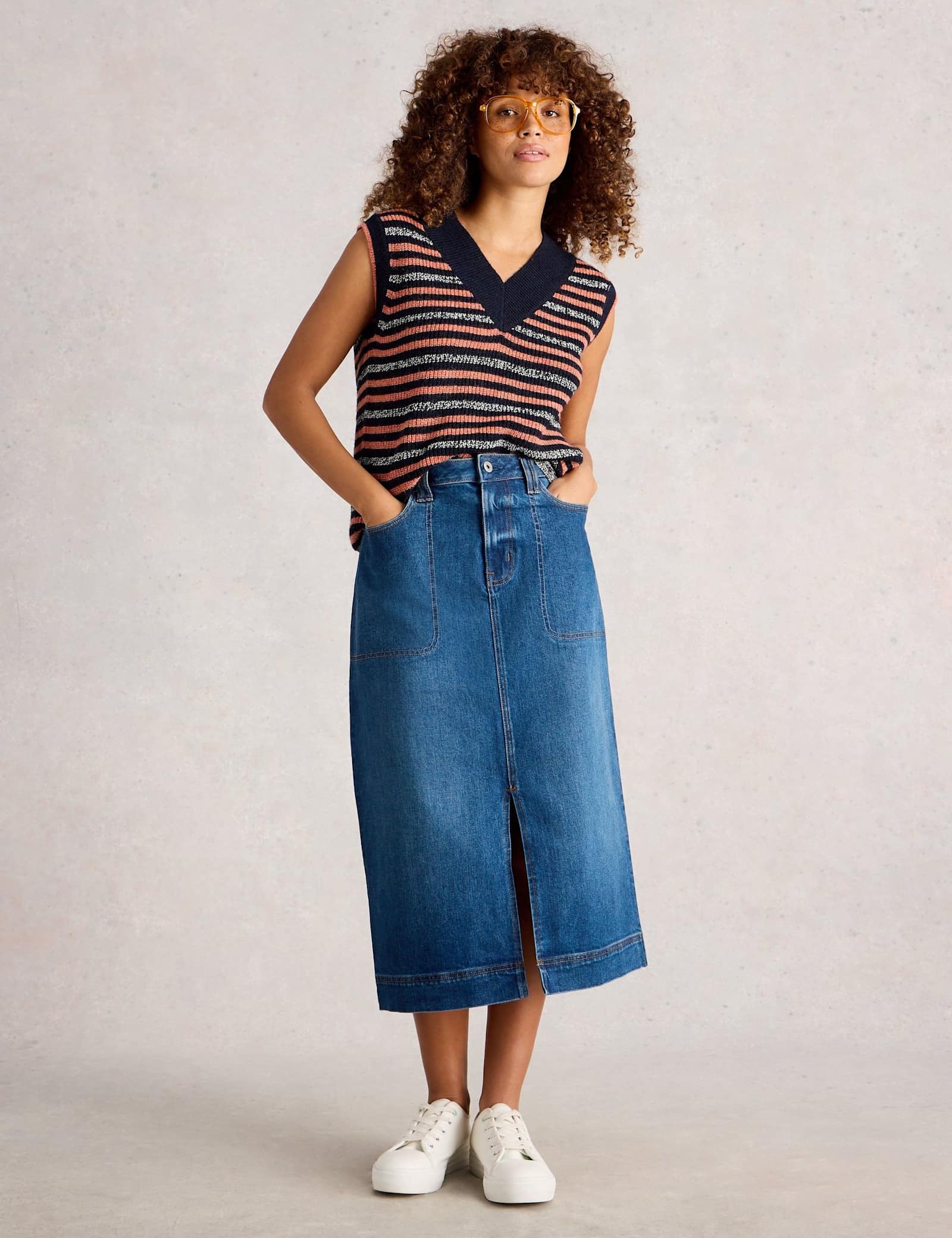 Cotton Rich Denim Front Split Midi Skirt - image 2