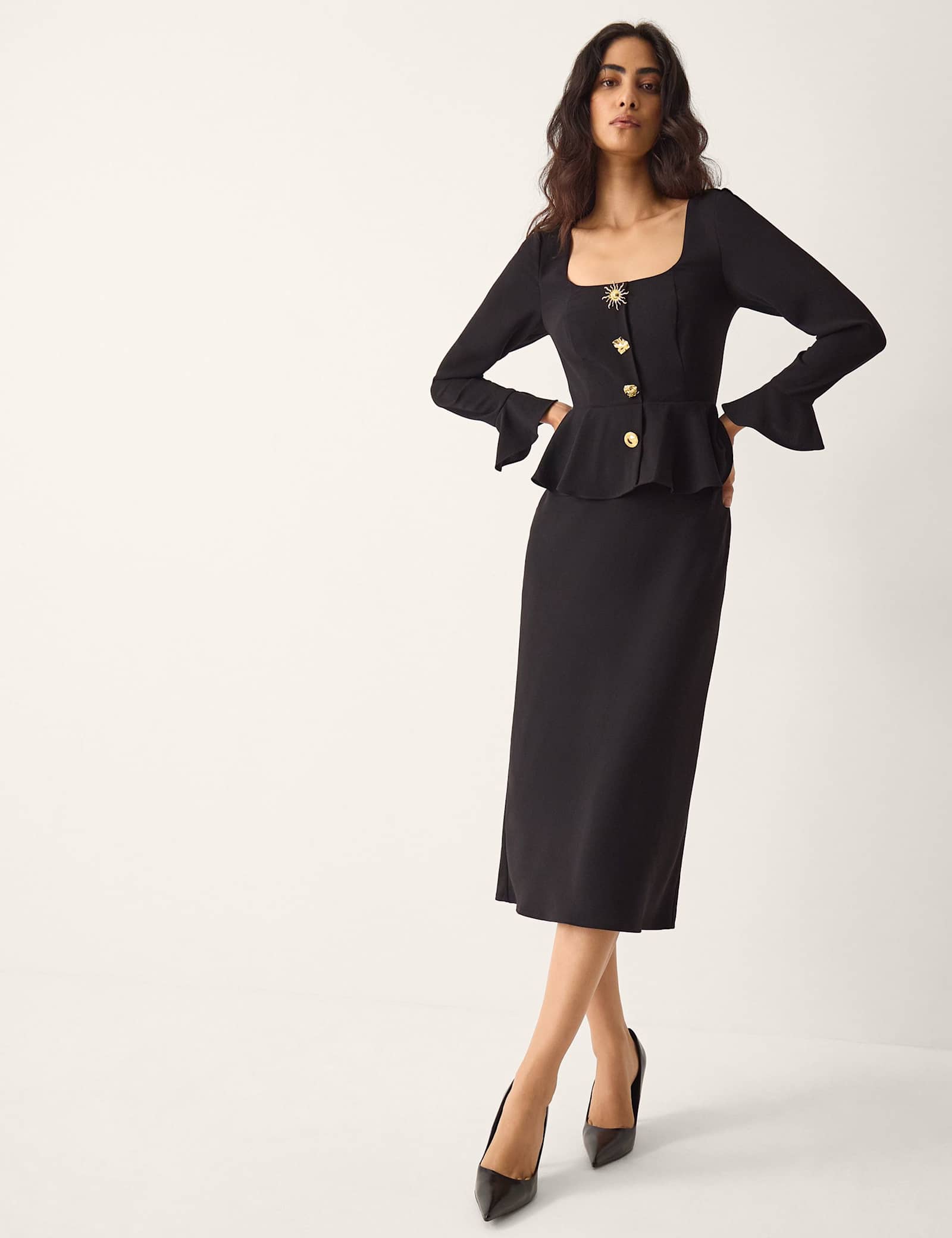 Square Neck Gold Button Peplum Midi Dress - image 5