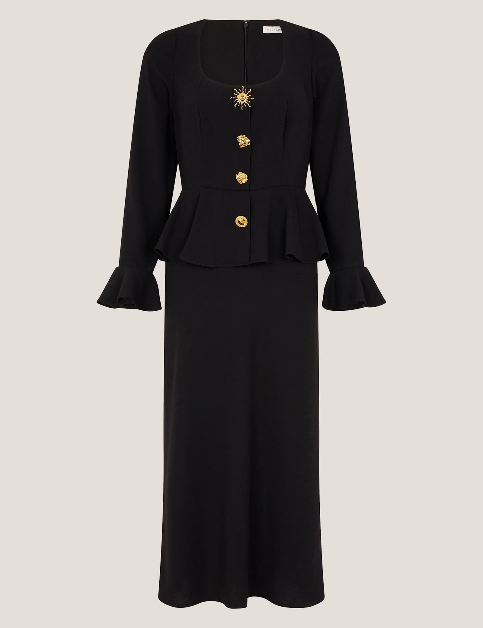 Square Neck Gold Button Peplum Midi Dress - image 1