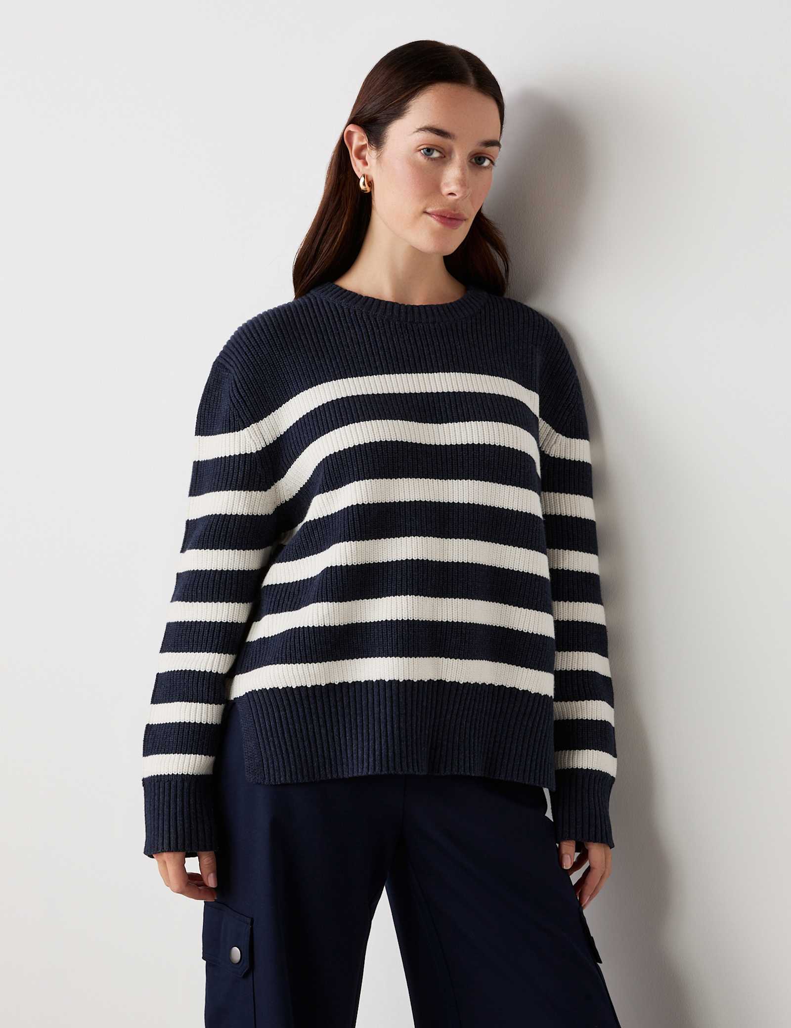 Cotton Rich Striped Ribbed Crew Neck Jumper - image 1