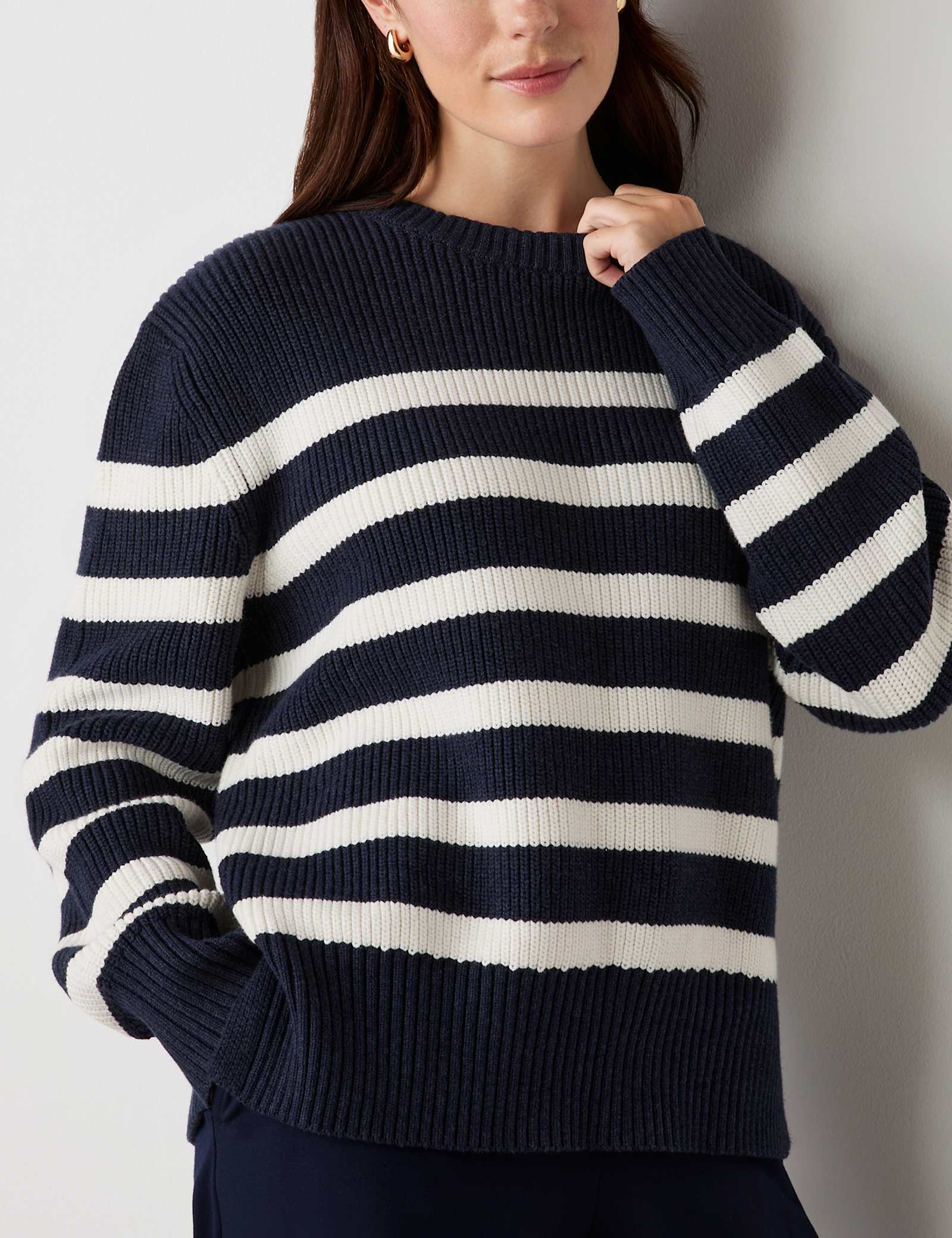 Cotton Rich Striped Ribbed Crew Neck Jumper - image 4
