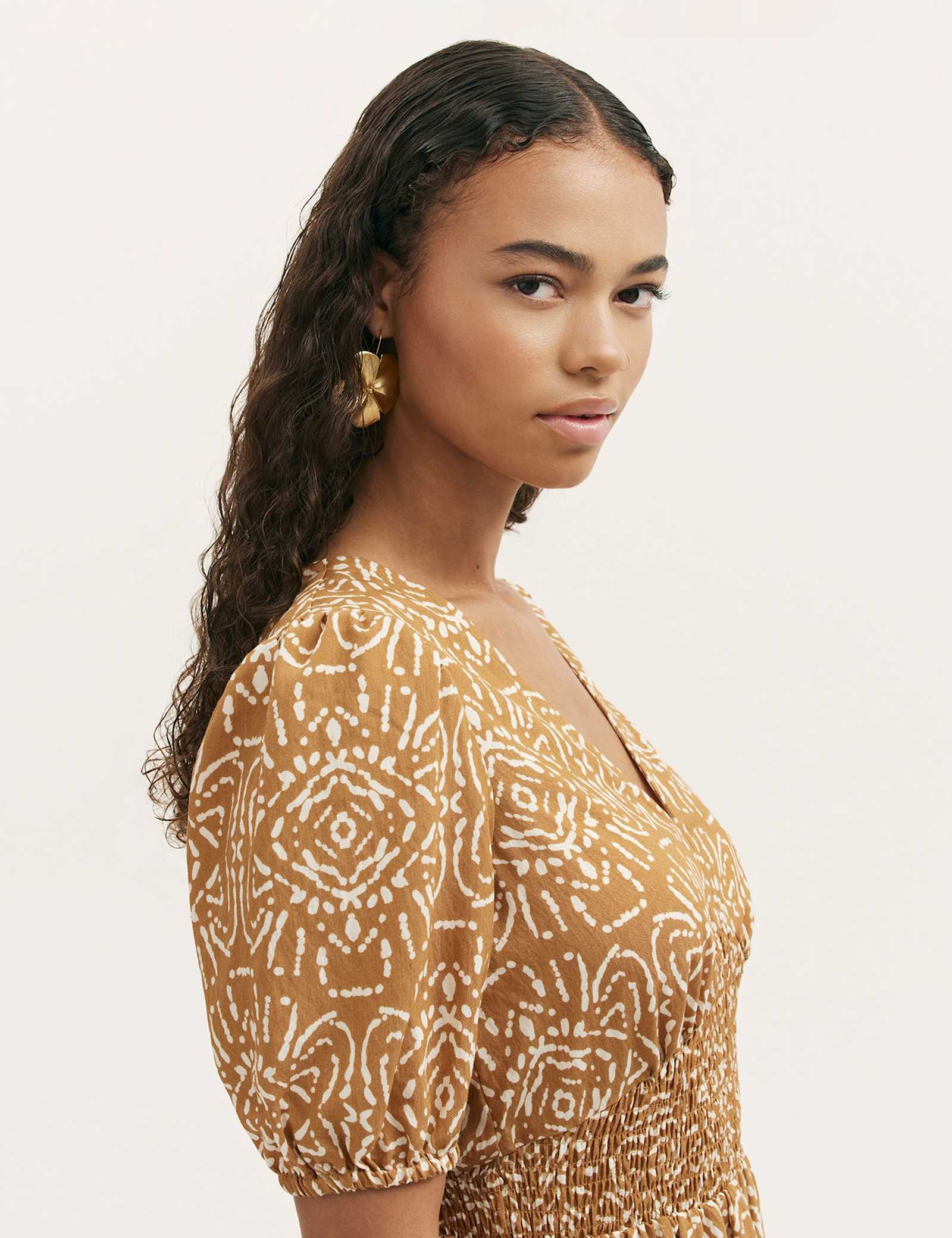 Printed V-Neck Midi Smock Dress - image 2