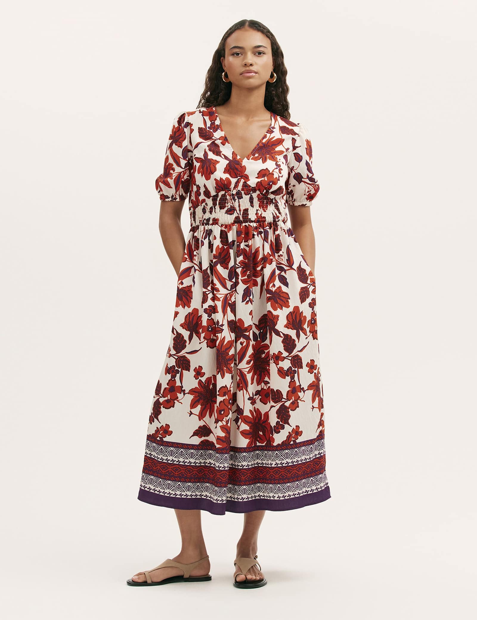 Floral Shirred Detail Midi Smock Dress - image 1