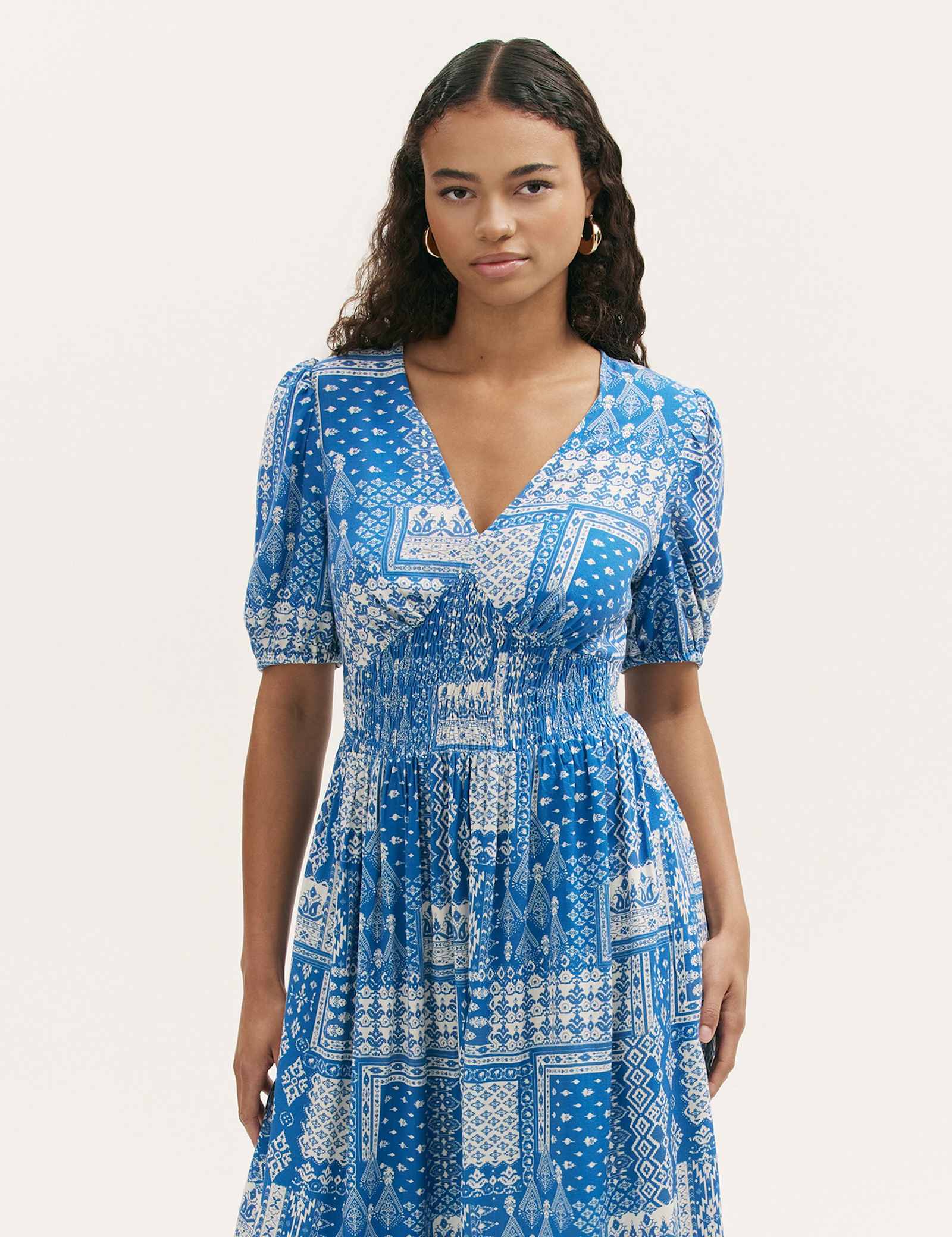 Printed V-Neck Midi Smock Dress - image 3