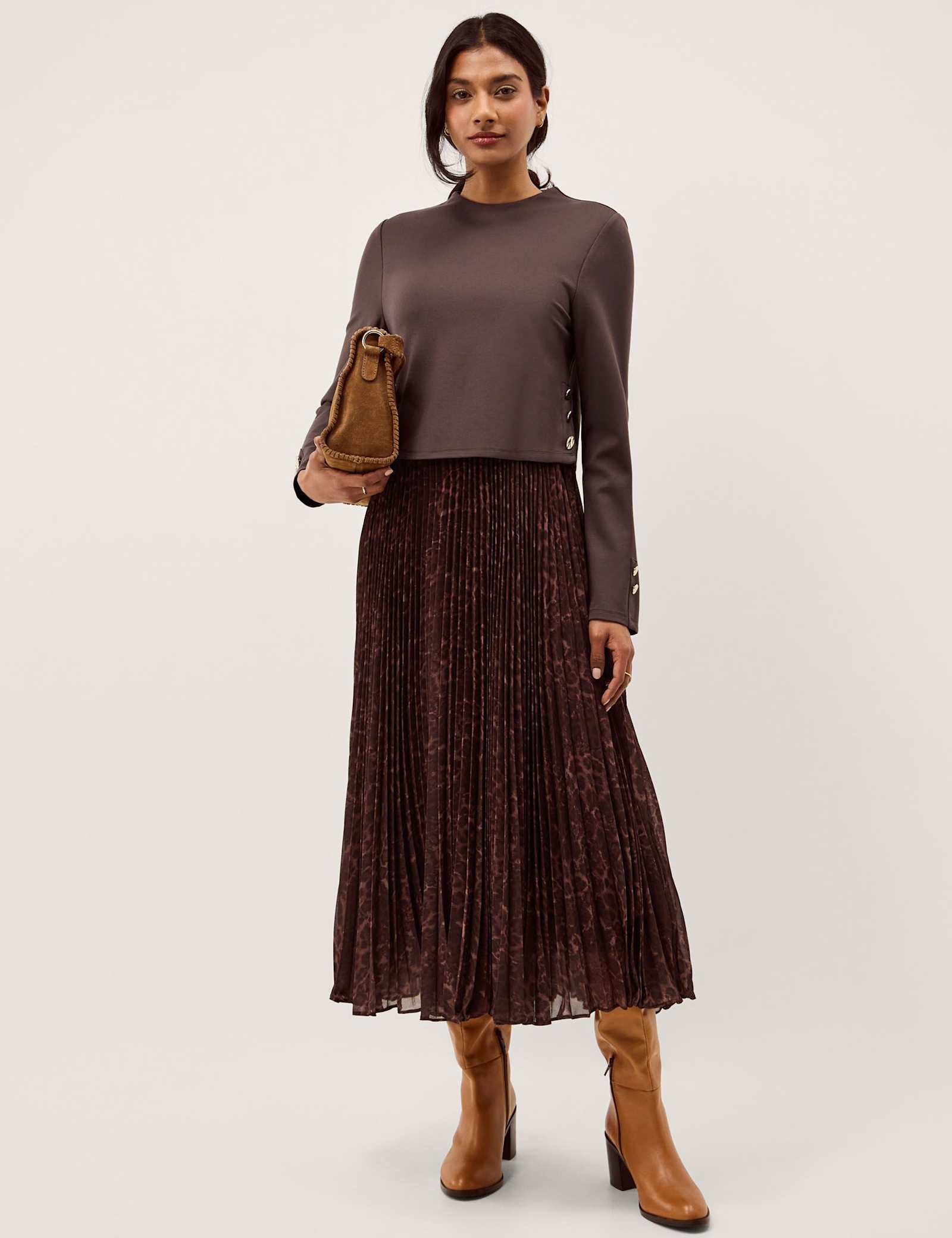 Leopard Print Combi Pleated Midi Dress - image 3