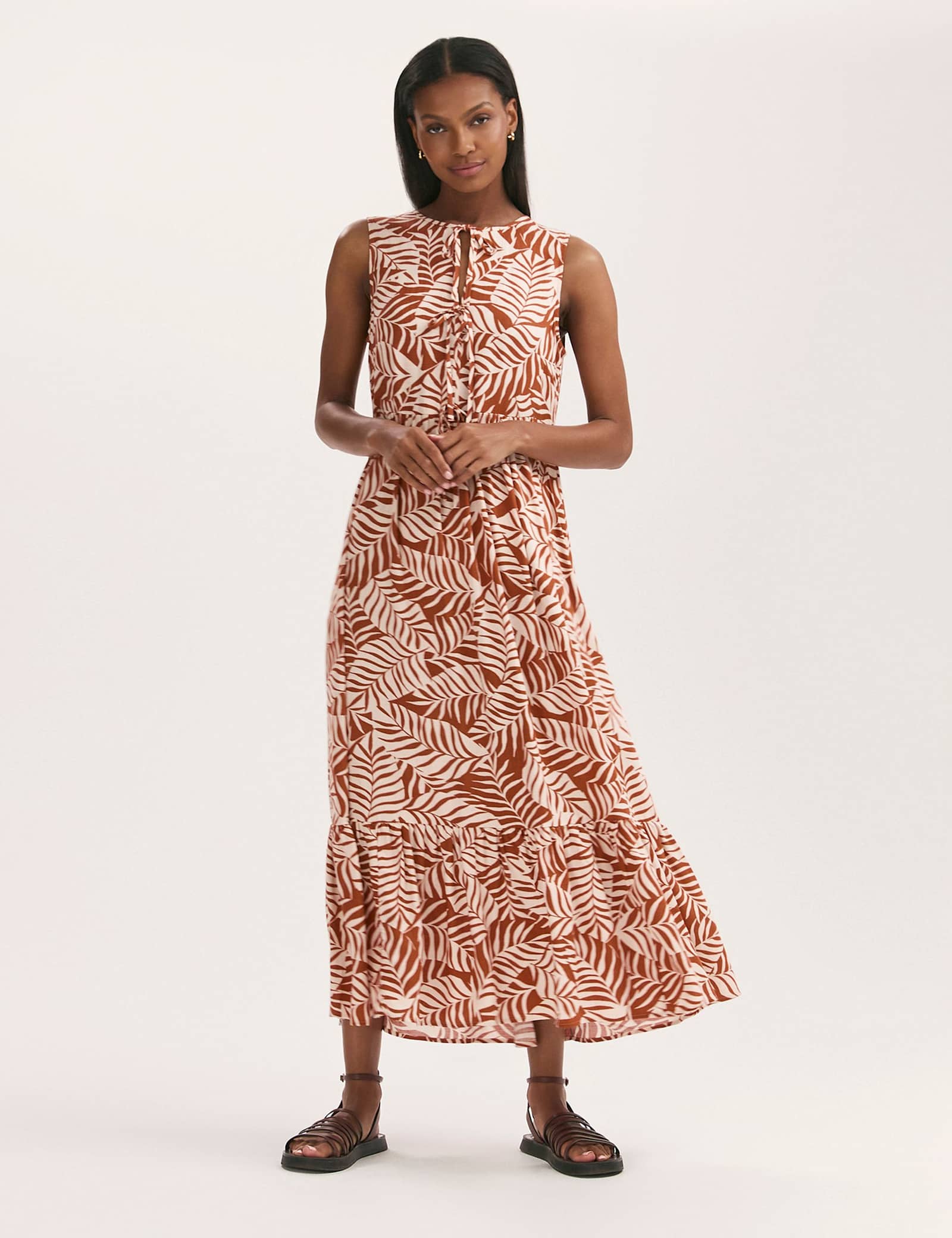 Printed Tie Front Midi Tiered Dress - image 1