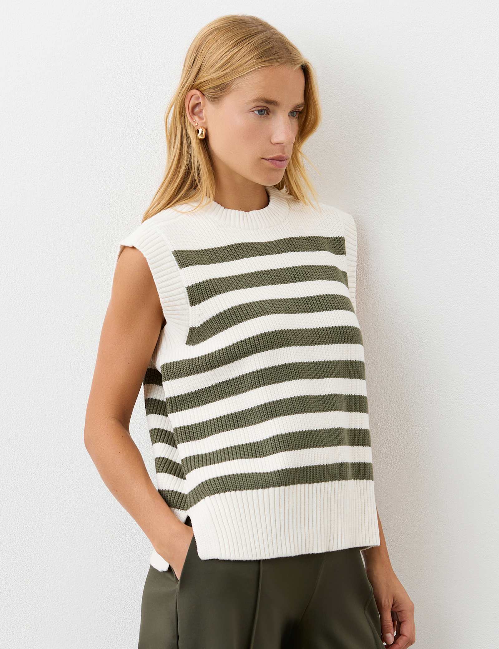 Cotton Rich Striped Split Hem Knitted Vest - image 2