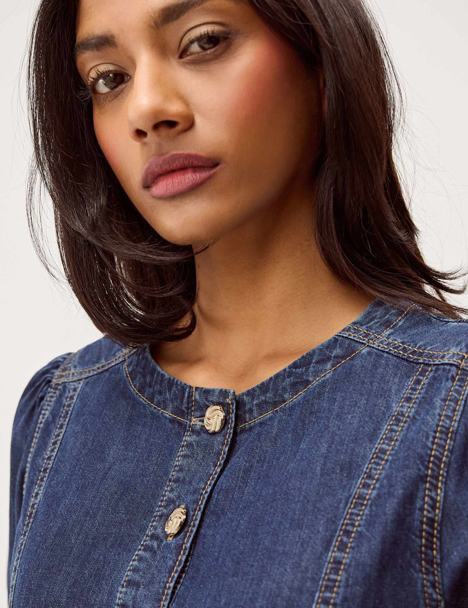 Denim Round Neck Midi Waisted Dress - image 3