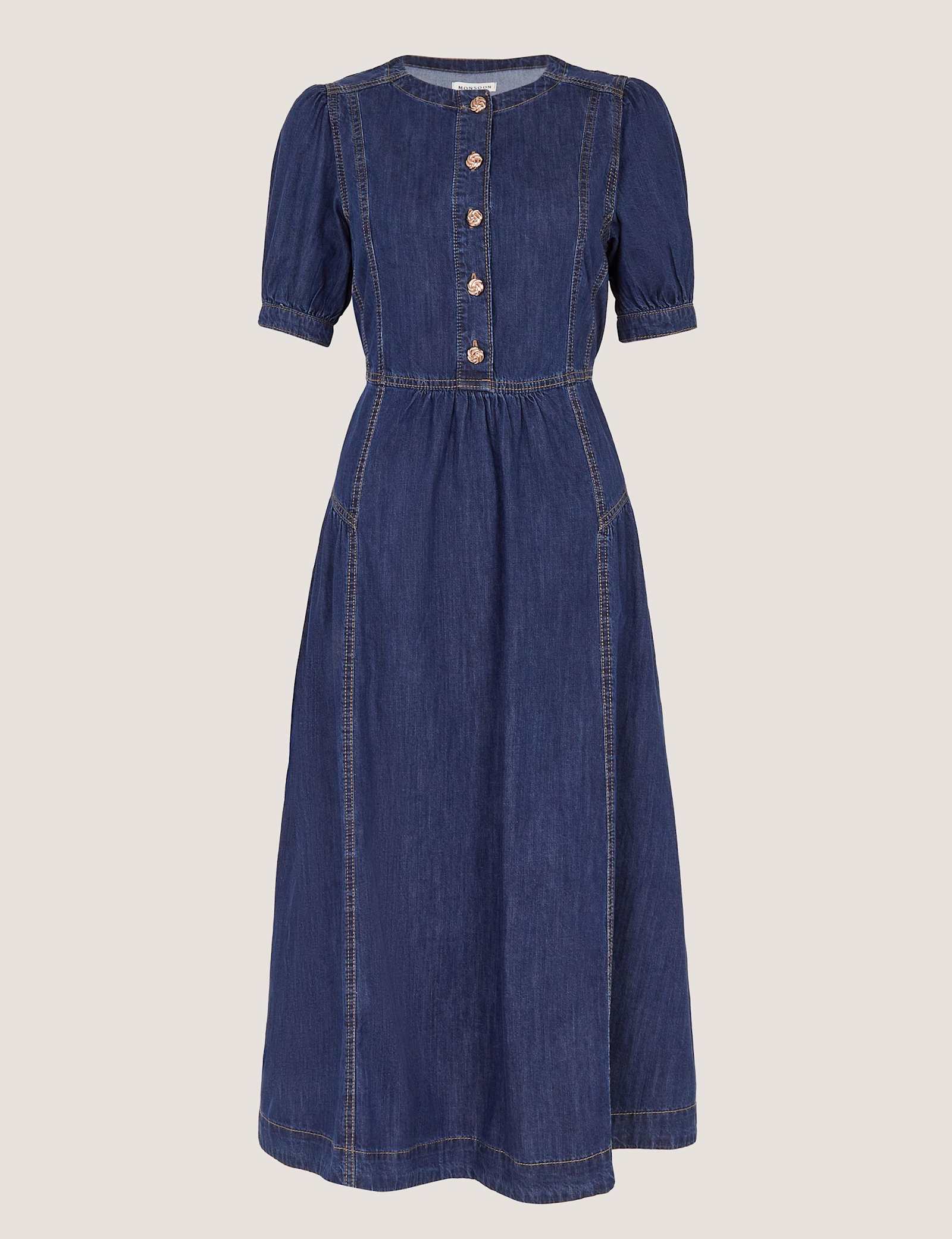 Denim Round Neck Midi Waisted Dress - image 1