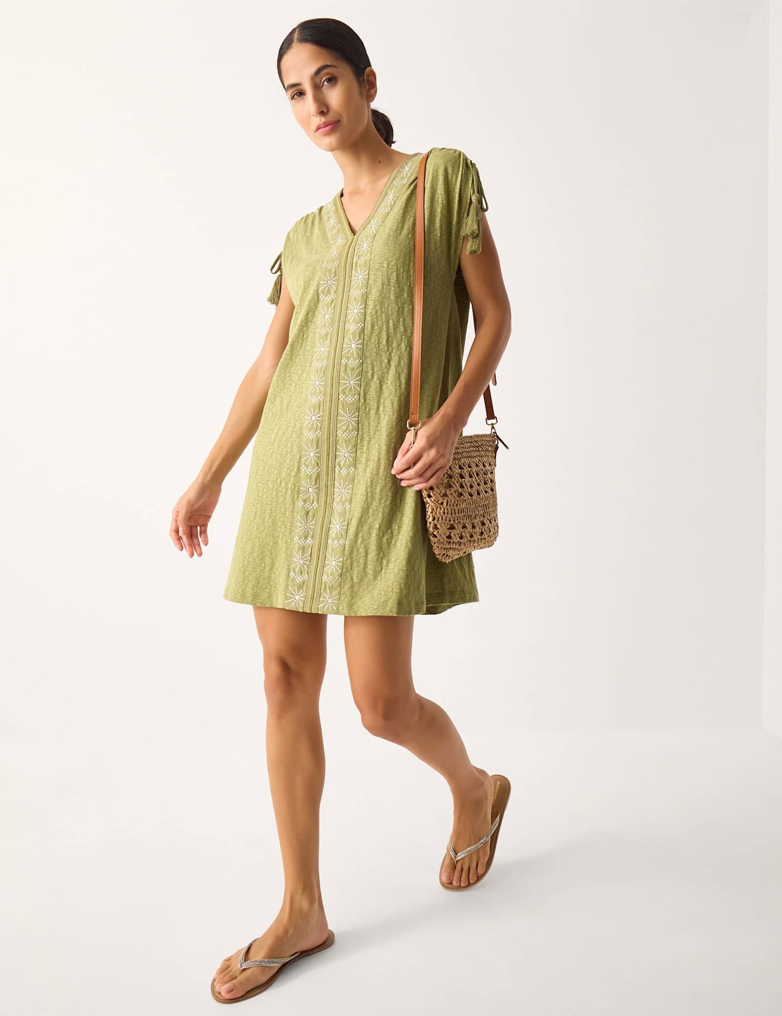Pure Cotton Embroidered V-Neck Mini Kaftan - image 1