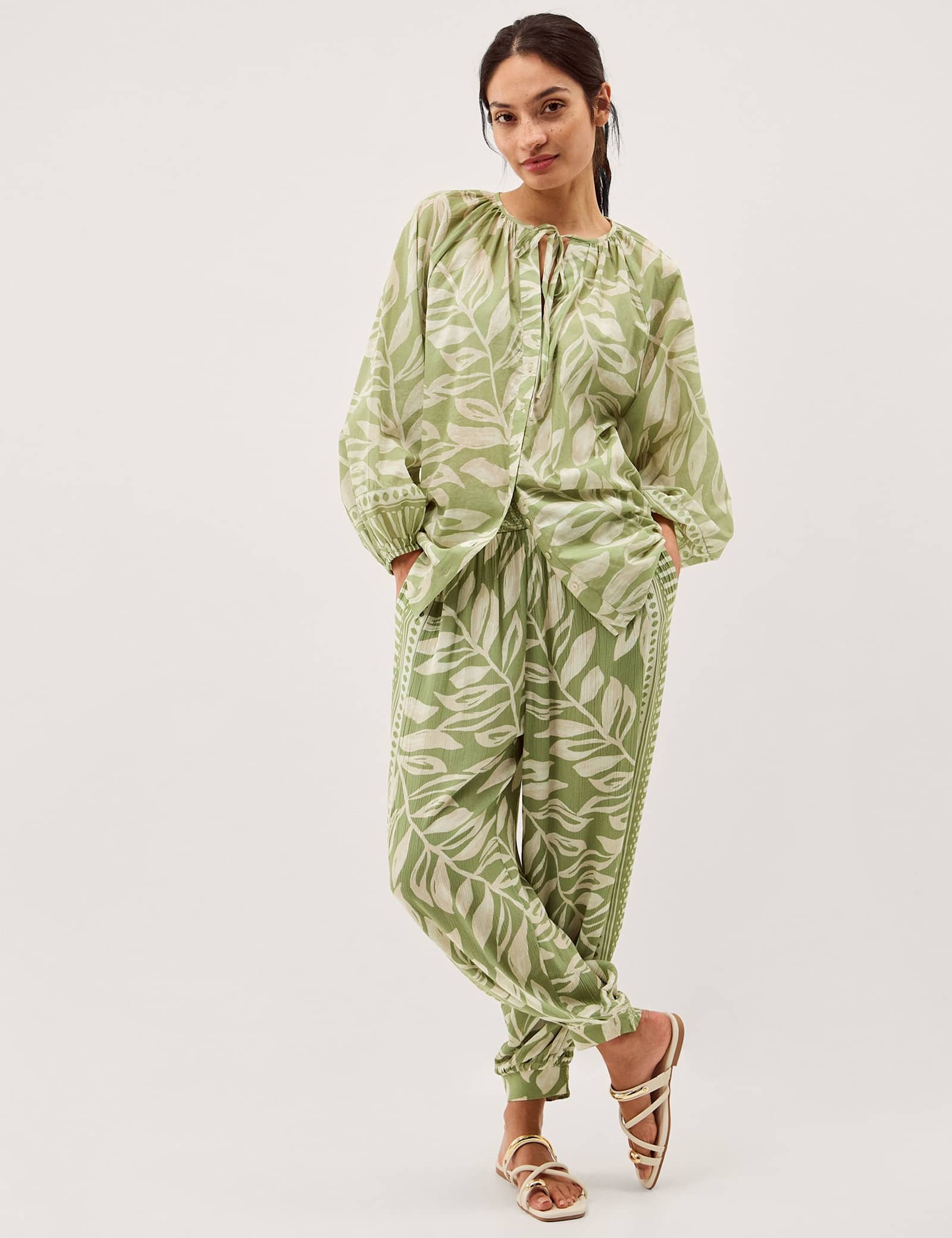 Pure Cotton Leaf Print Tie Neck Blouse - image 5