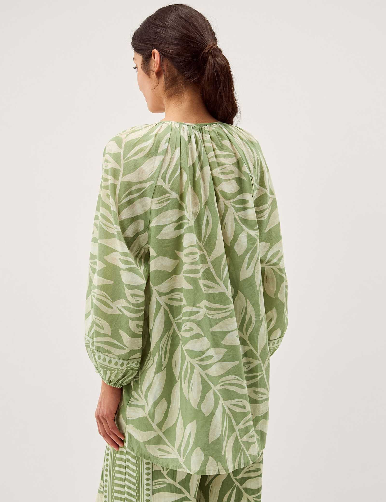 Pure Cotton Leaf Print Tie Neck Blouse - image 4