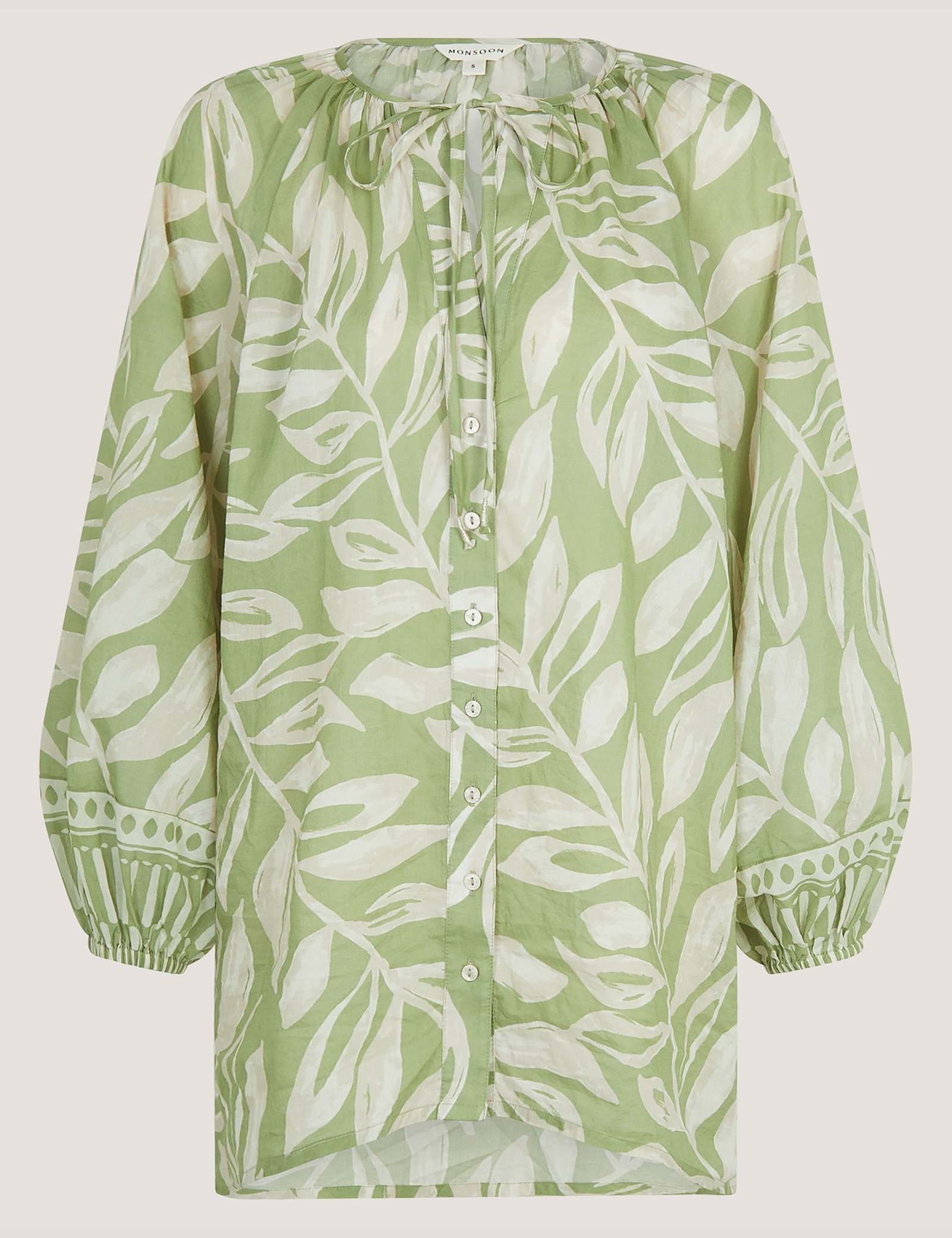 Pure Cotton Leaf Print Tie Neck Blouse - image 1