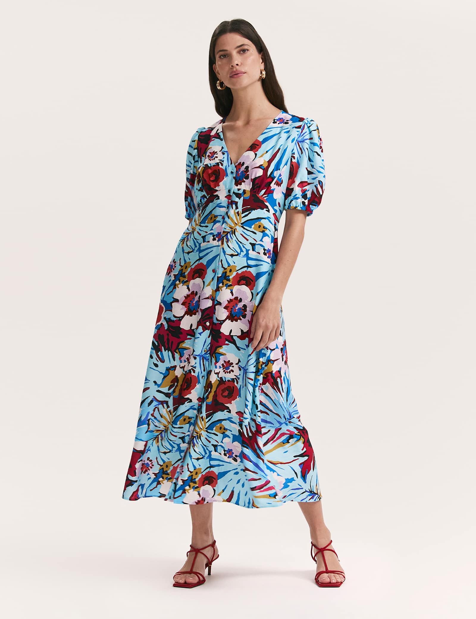 Floral V-Neck Button Through Midi Tea Dress - image 1