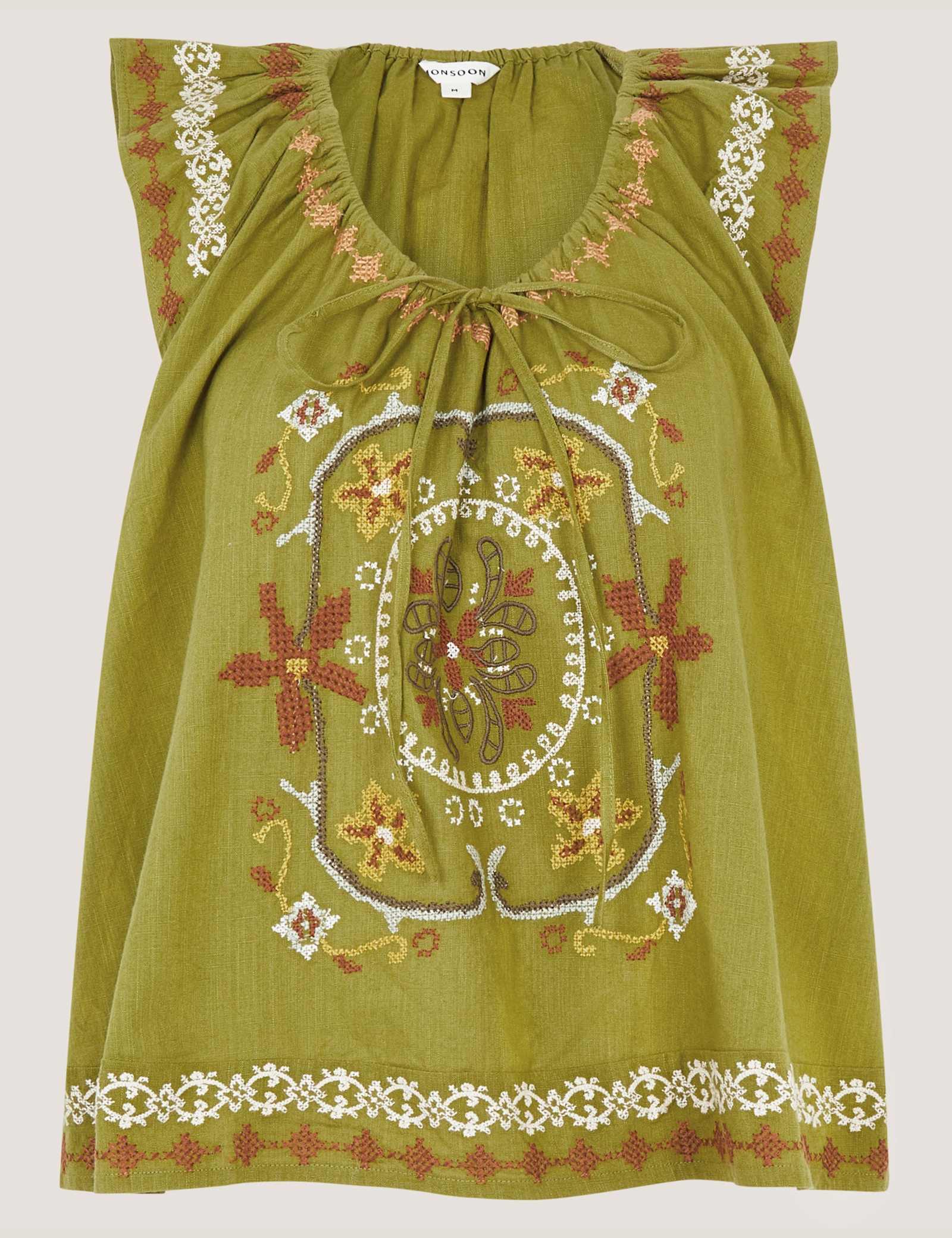 Pure Cotton Embroidered Tie Neck Blouse - image 1