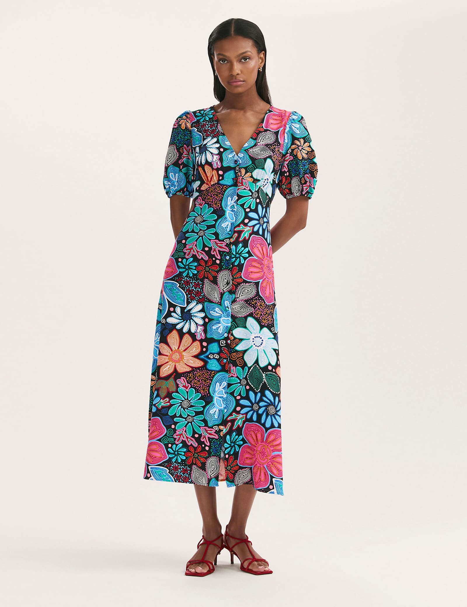 Floral V-Neck Midi Tea Dress - image 1