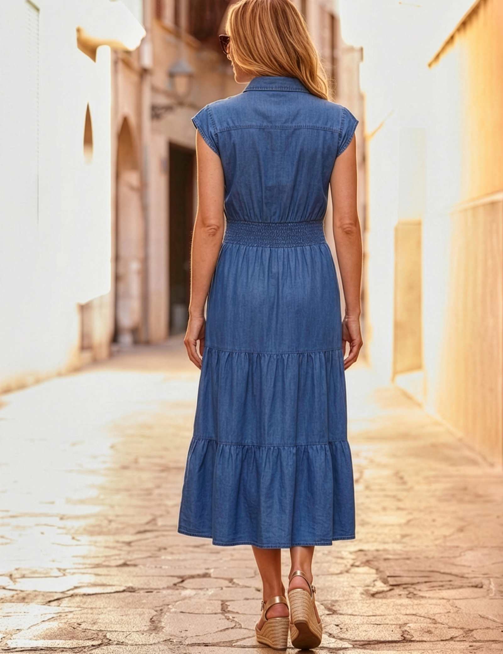 Denim Midi Shirred Tiered Dress - image 3