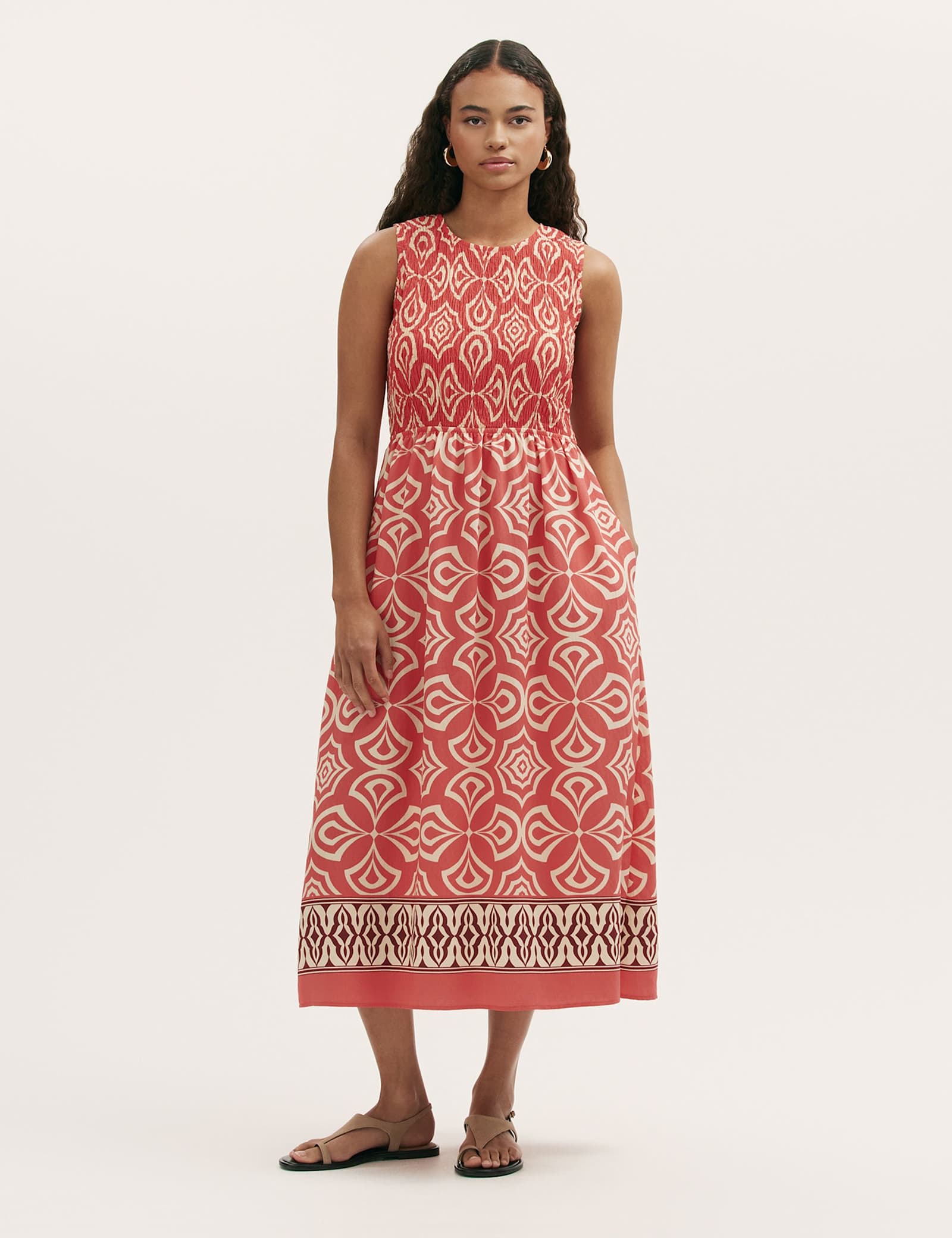 Printed Round Neck Midi Shirred Dress - image 1