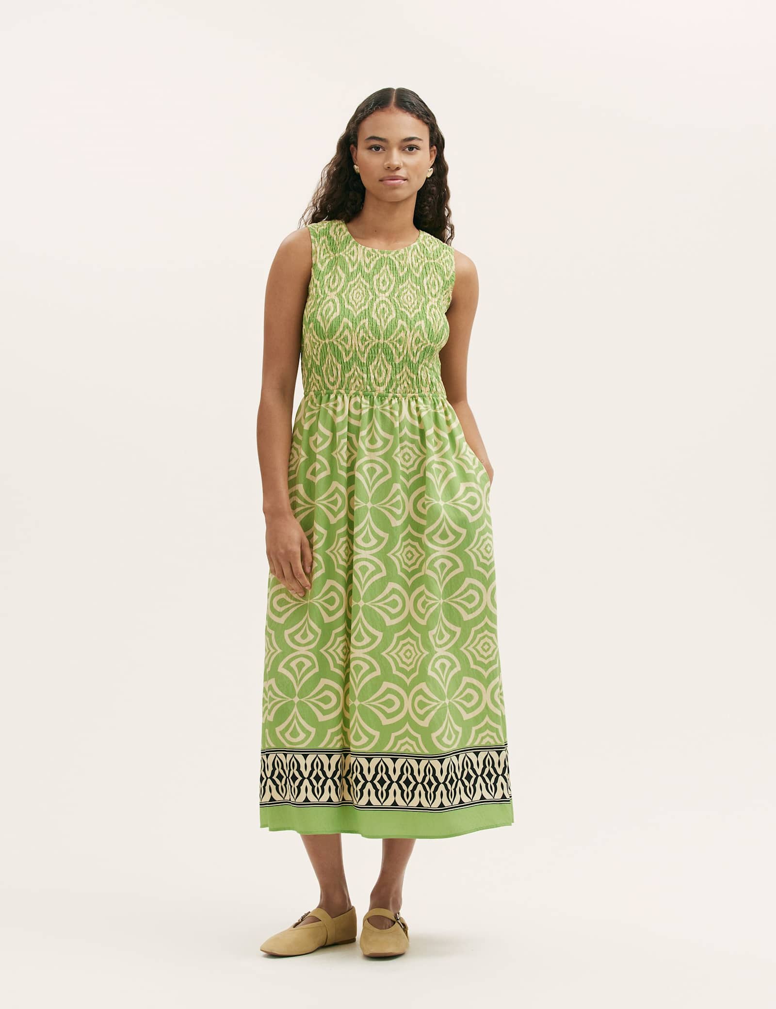 Printed Round Neck Midi Shirred Dress - image 2