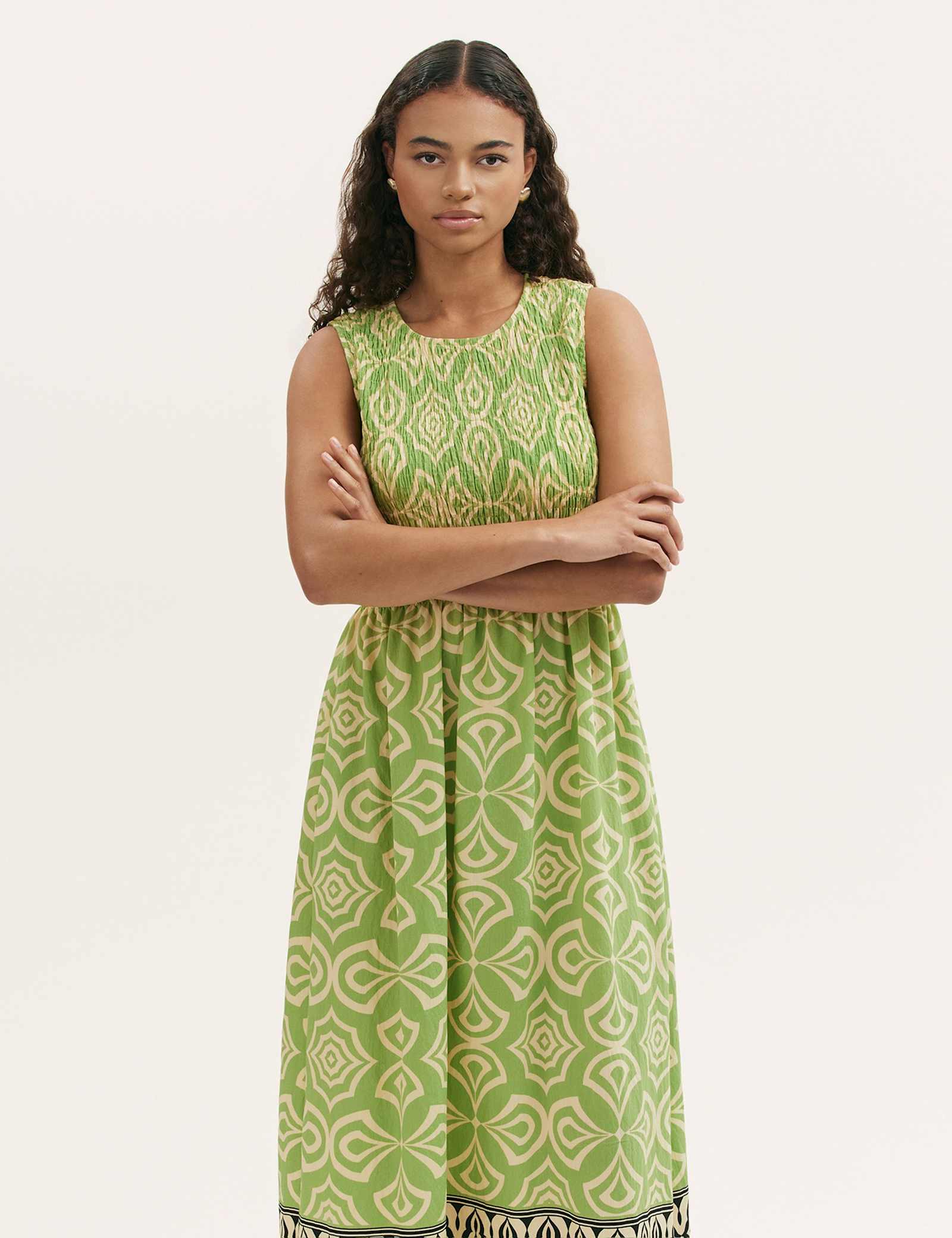 Printed Round Neck Midi Shirred Dress - image 4
