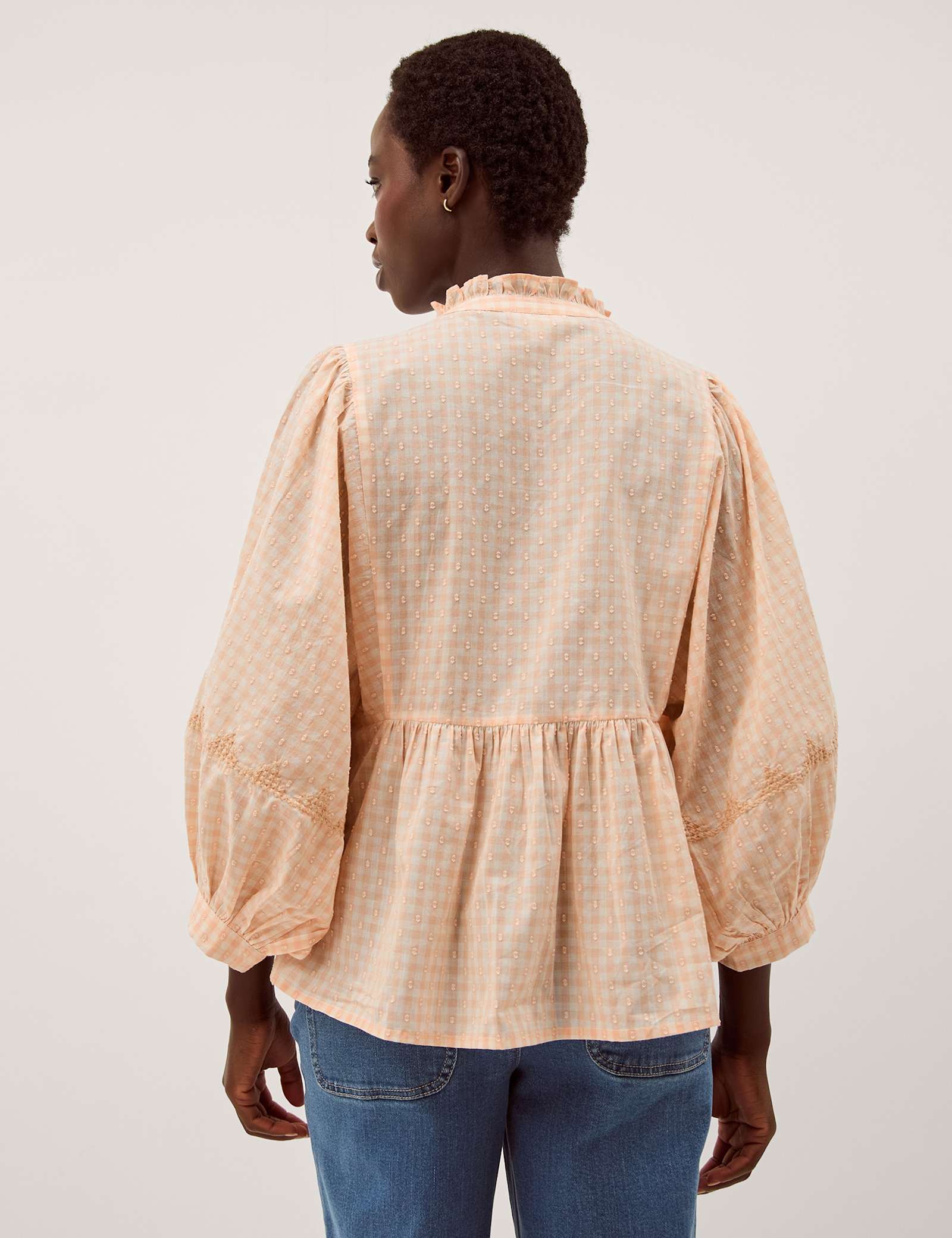 Pure Cotton Gingham Ruffle High Neck Shirt - image 4