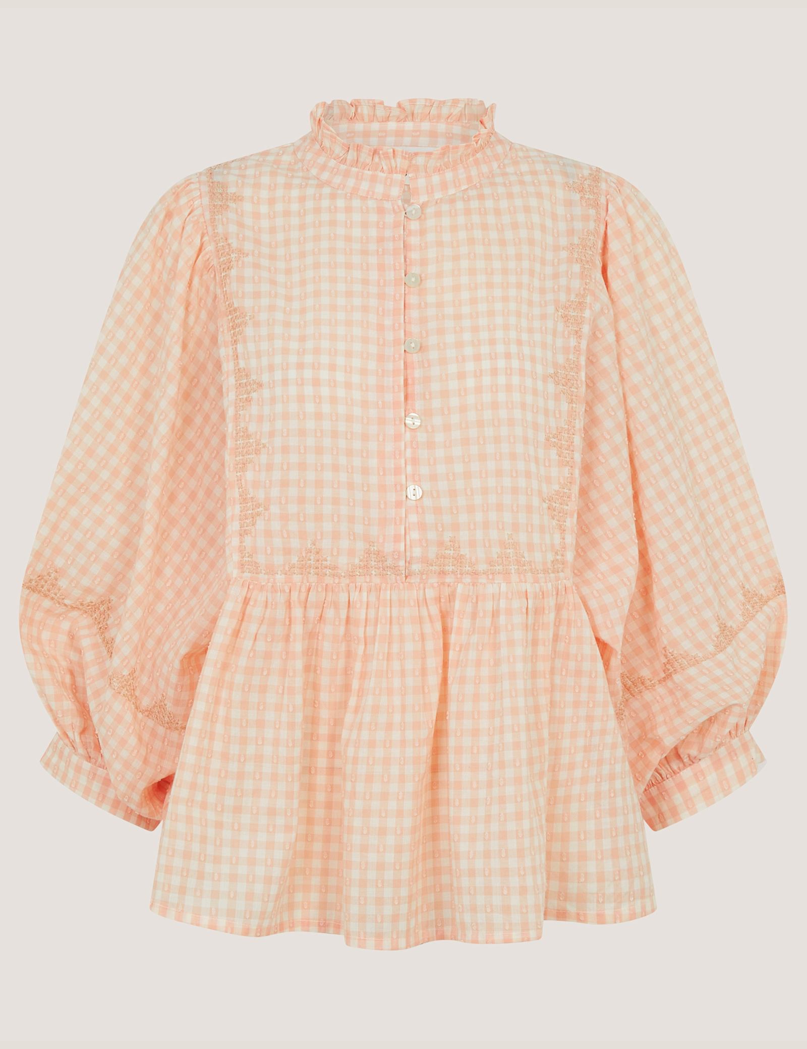 Pure Cotton Gingham Ruffle High Neck Shirt - image 1