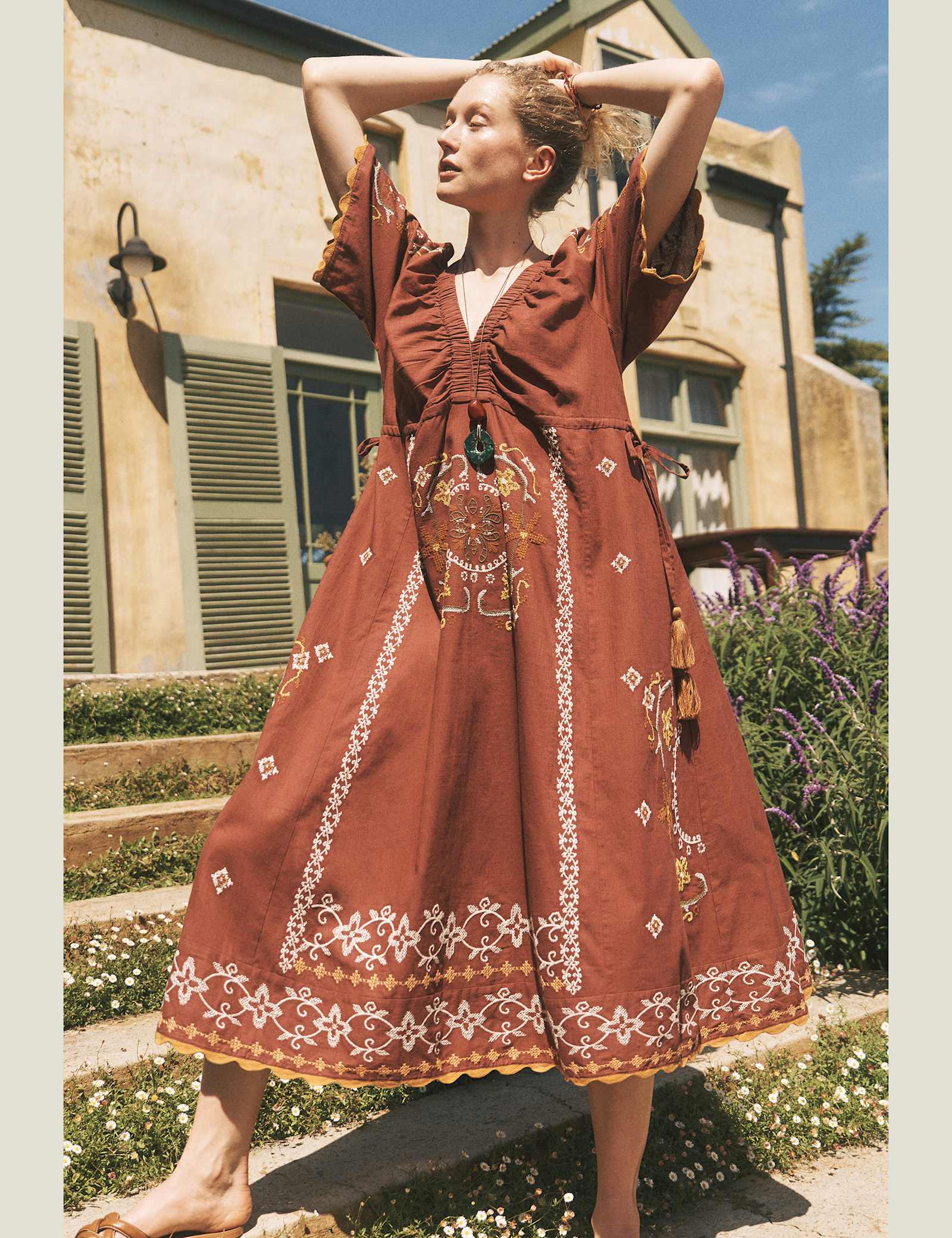 Pure Cotton Embroidered V-Neck Midaxi Dress - image 2
