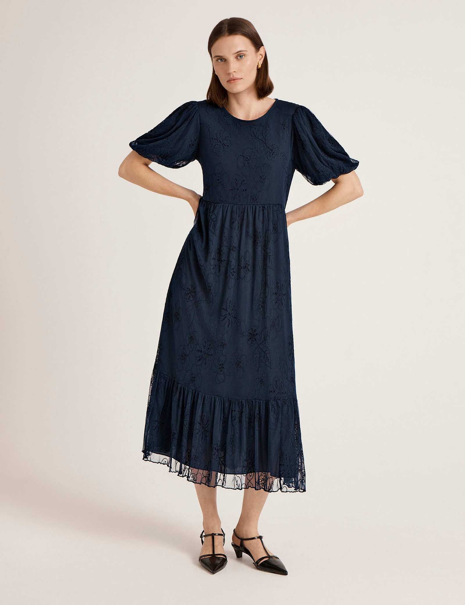 Mesh Floral Embroidered Midi Tiered Dress - image 1