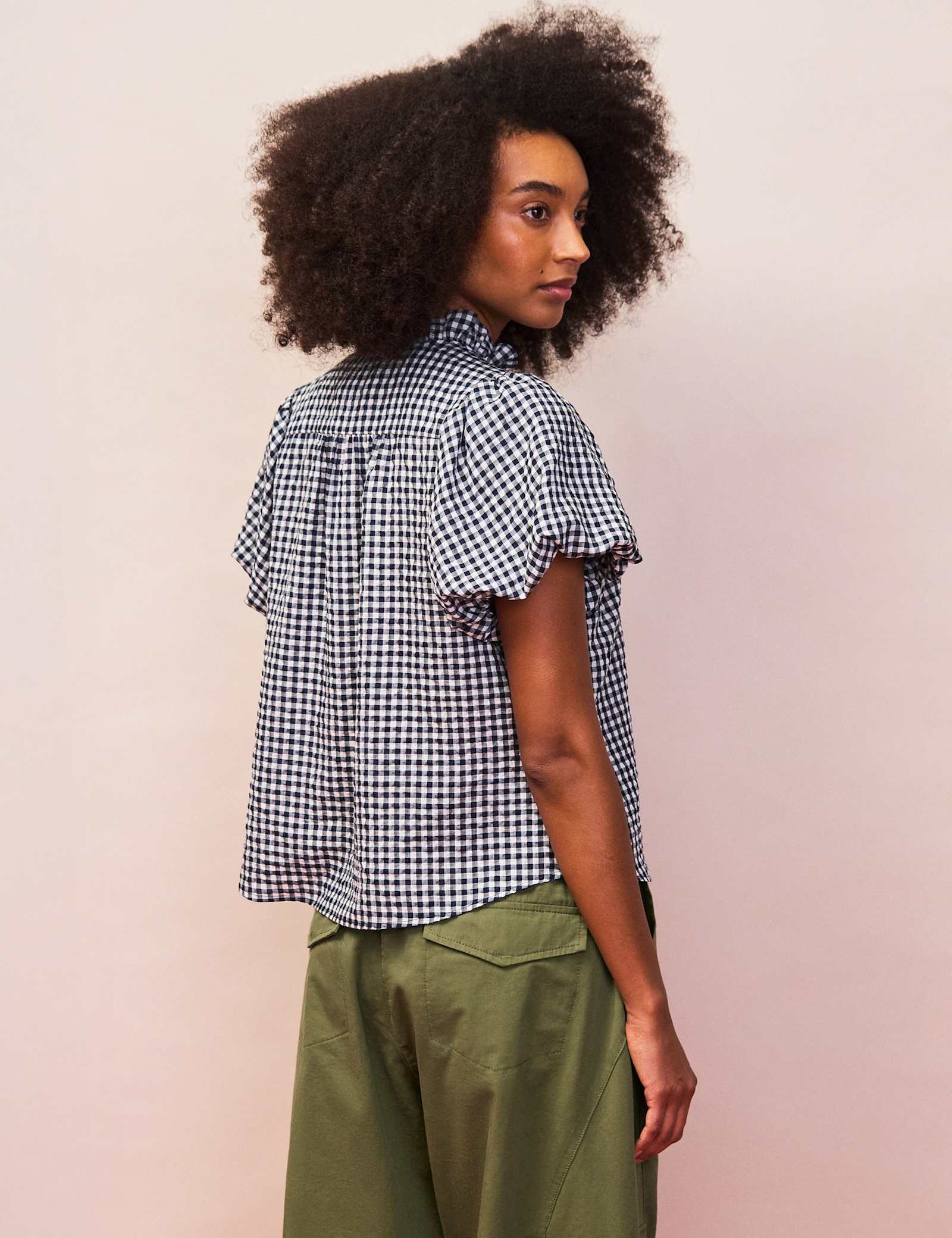 Gingham Button Through Puff Sleeve Shirt - image 5