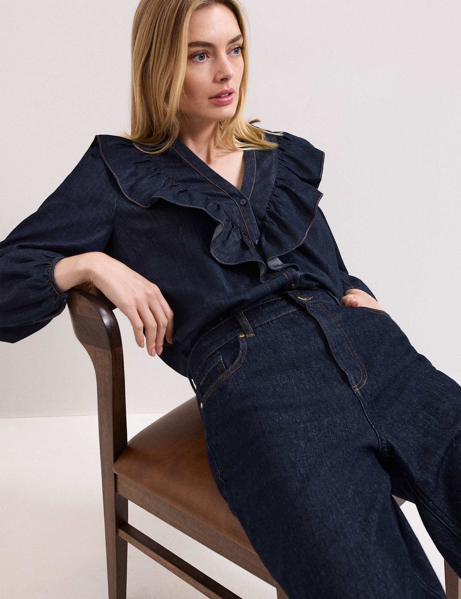 Cotton Rich Denim V-Neck Frill Detail Blouse - image 4