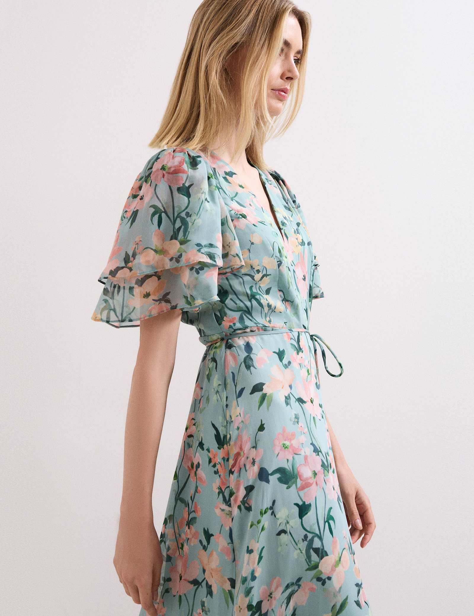 Chiffon Floral V-Neck Angel Sleeve Maxi Waisted Dress - image 5