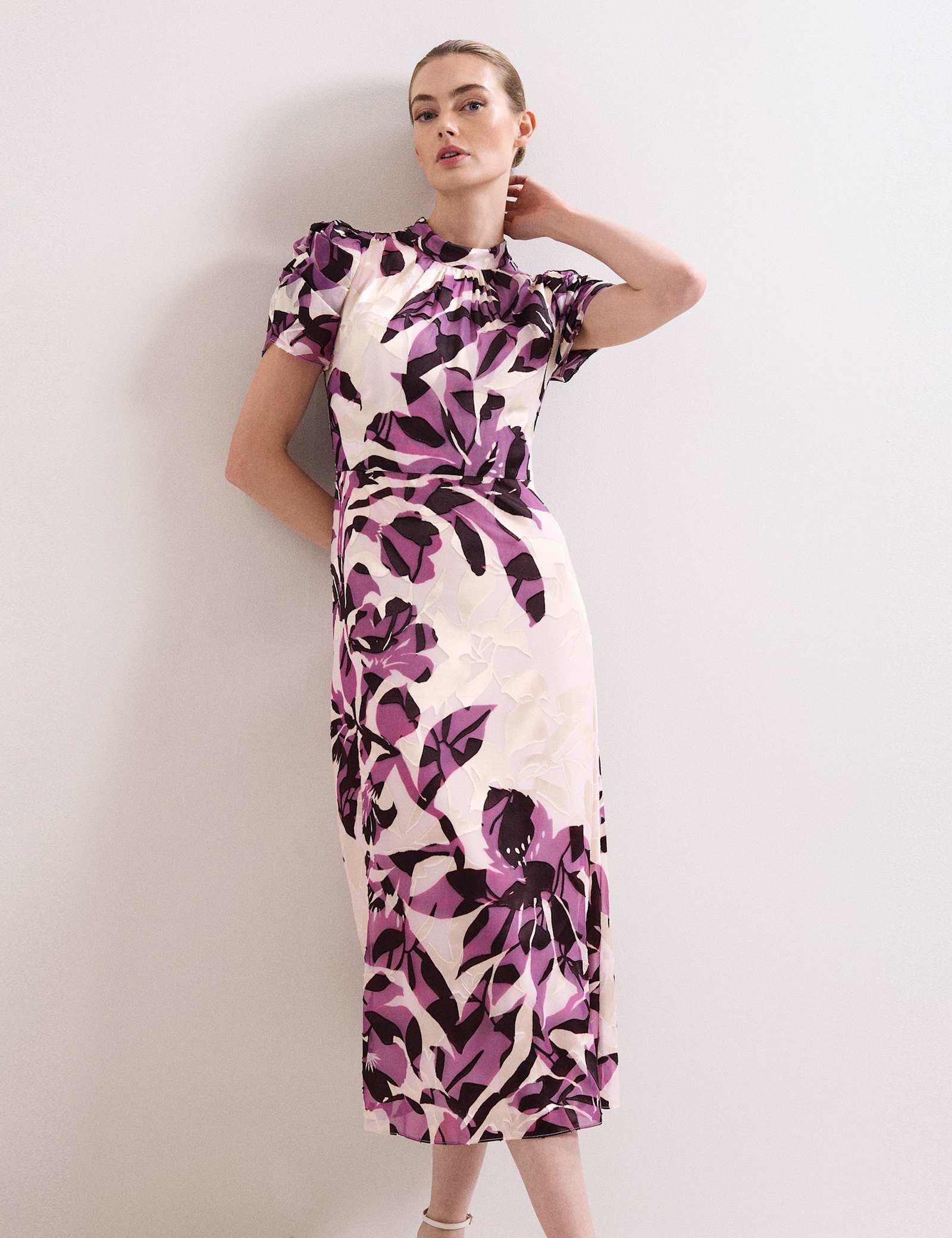 Floral High Neck Midi Waistwed Dress - image 2