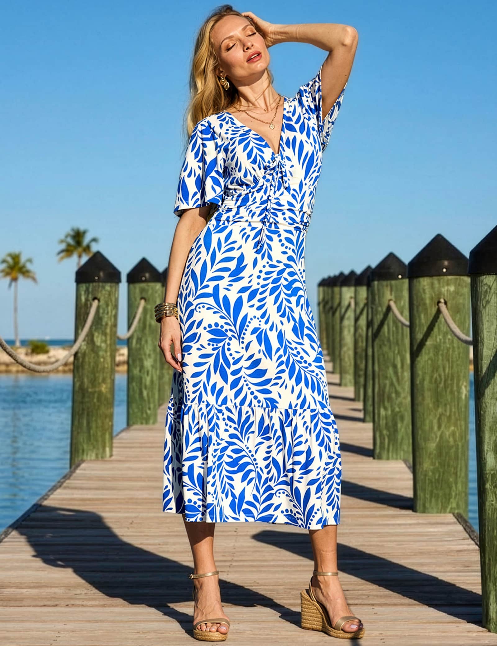 Floral V-Neck Ruched Midi Tea Dress - image 5