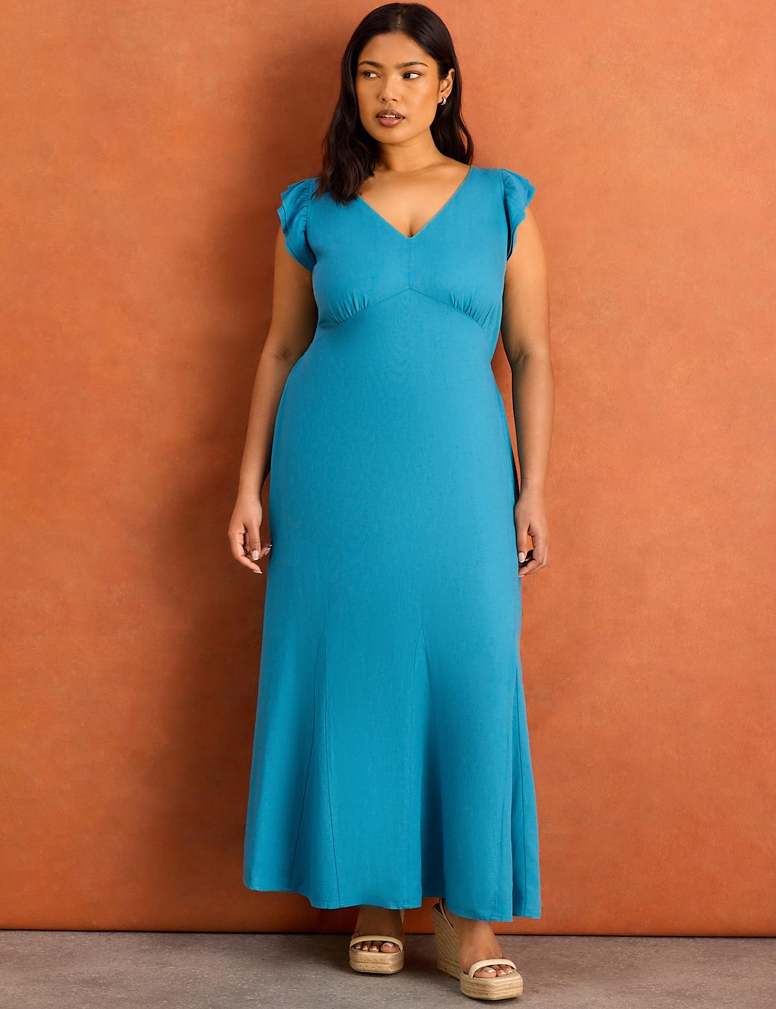 Frill Sleeve V-Neck Midi Tea Dress with Linen - image 4