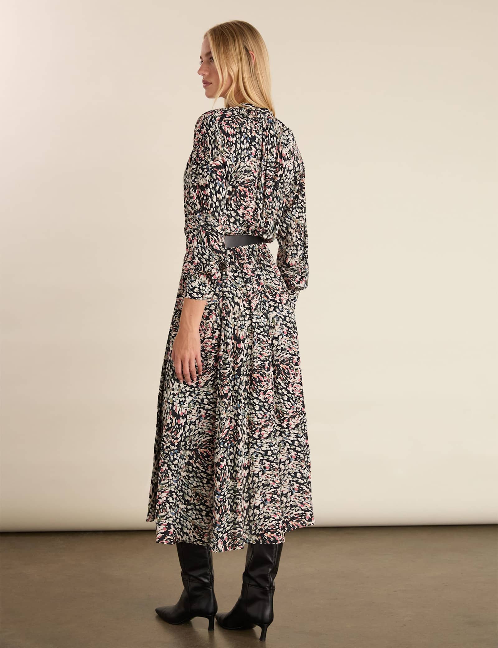Printed Band Collar Midi Waisted Dress - image 4