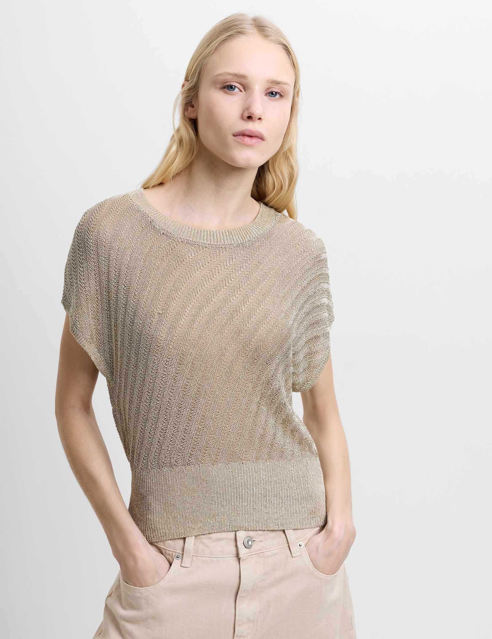 Metallic Textured Crew Neck Knitted Top - image 2