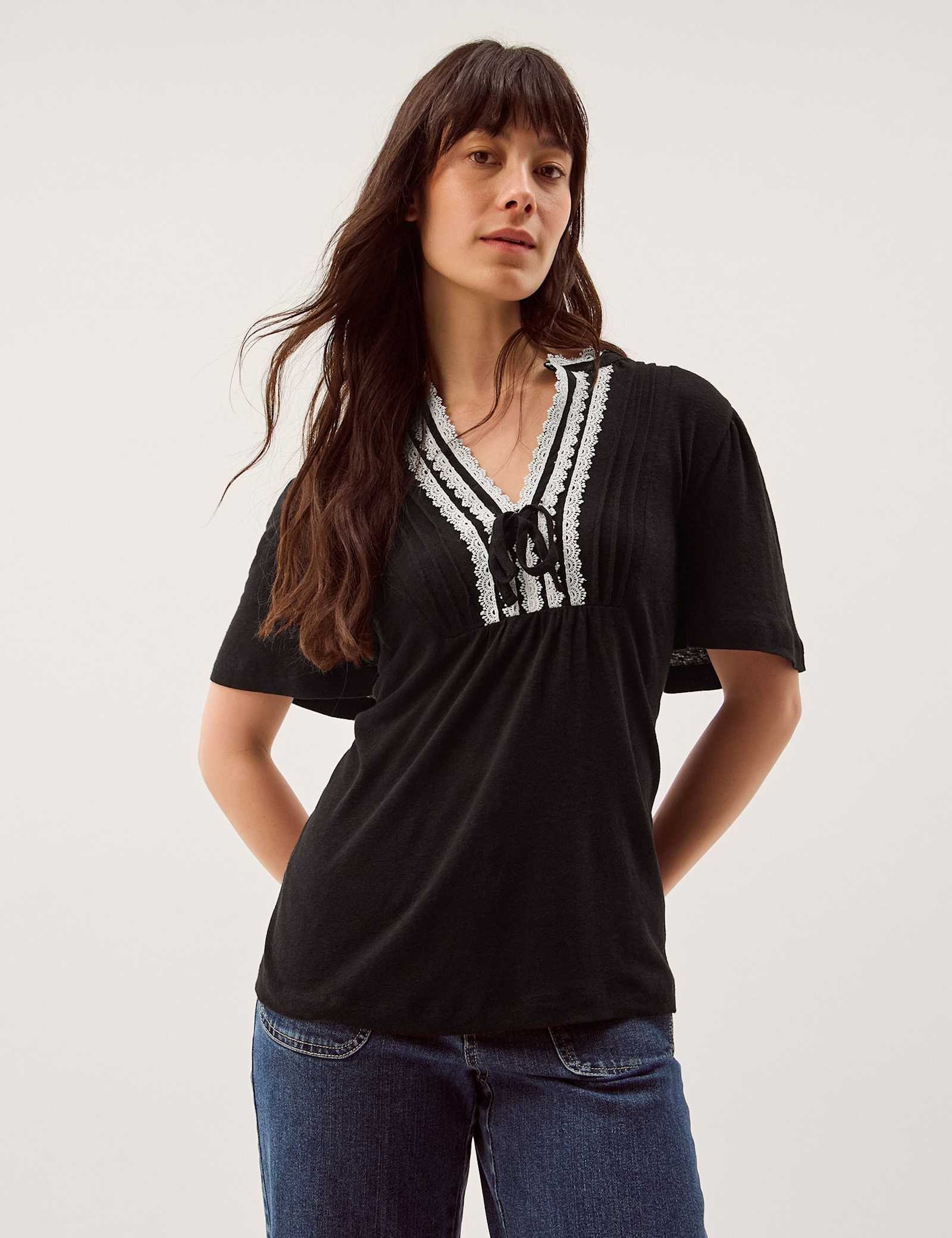 Linen Rich V-Neck Lace Trim T-Shirt - image 2