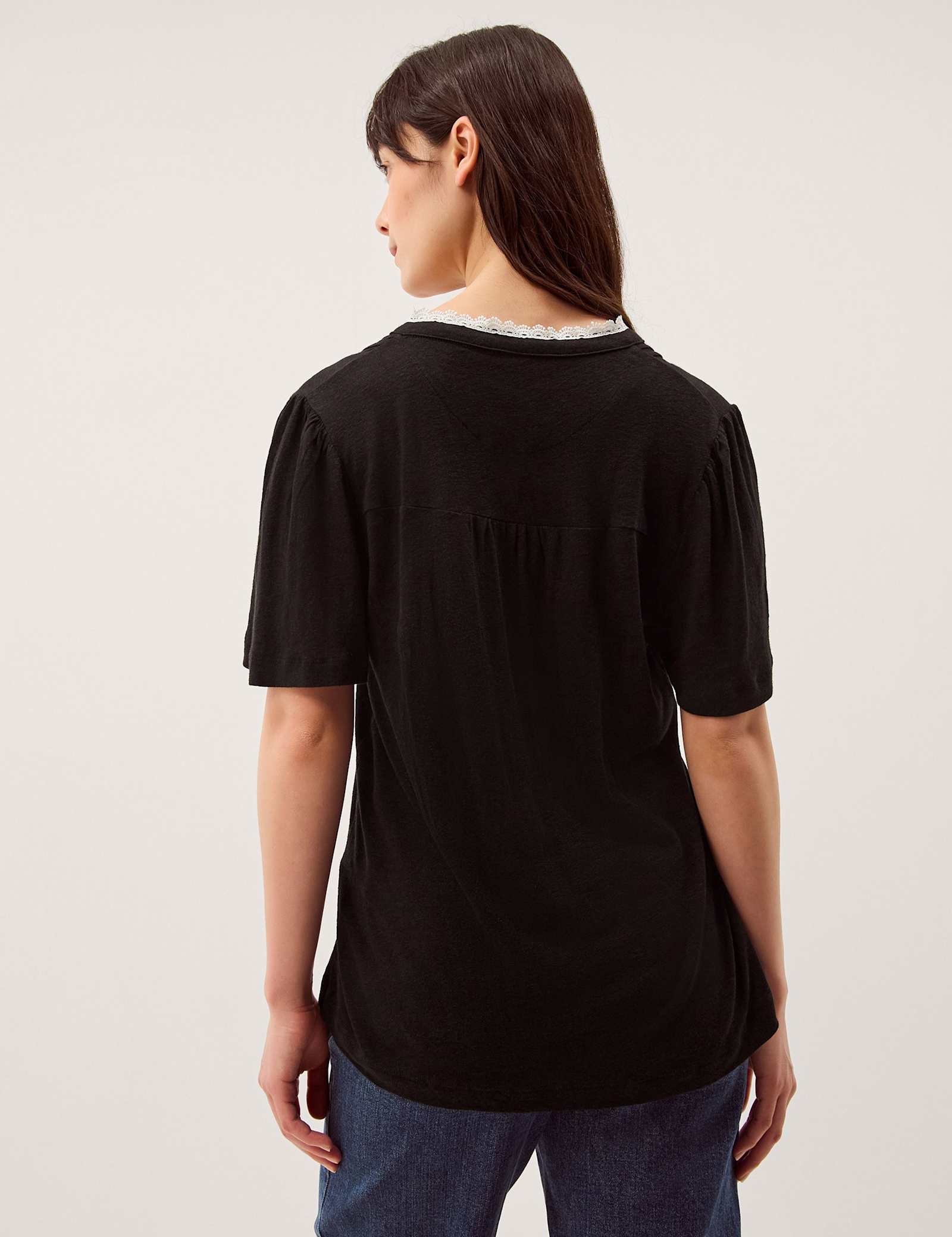 Linen Rich V-Neck Lace Trim T-Shirt - image 5