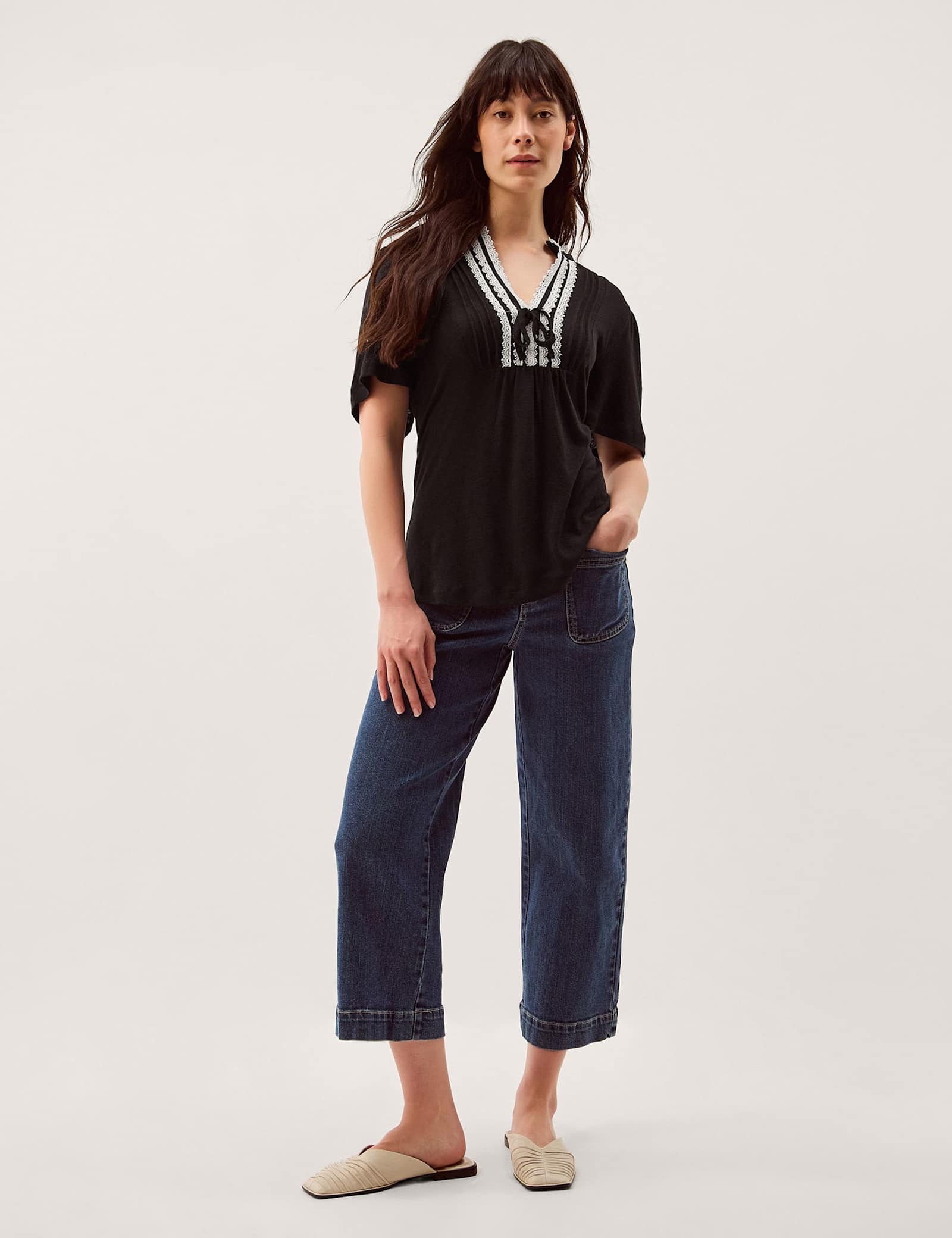 Linen Rich V-Neck Lace Trim T-Shirt - image 4